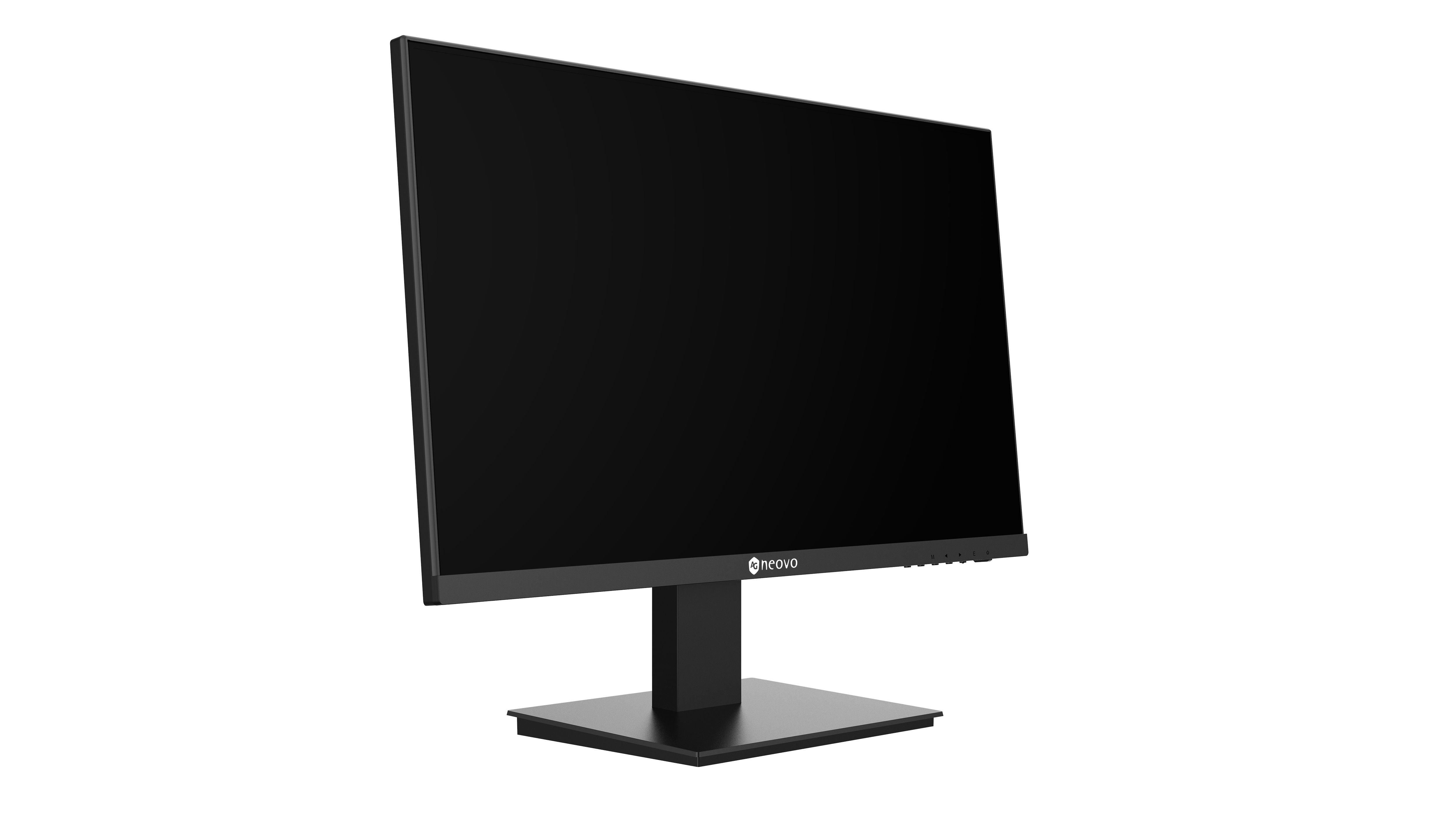 Black monitor with a black frame and base. Display is black.