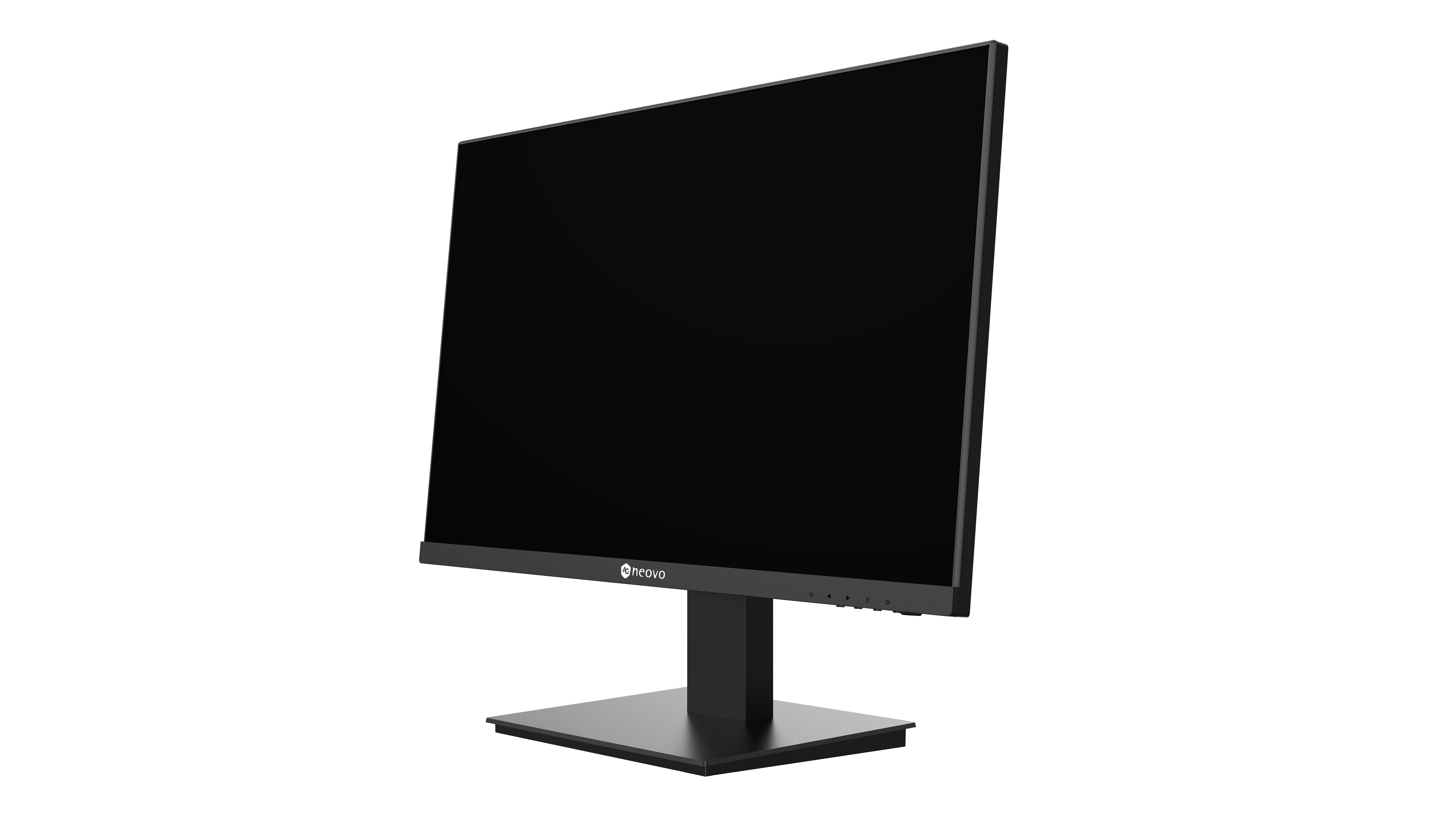 Black monitor on a black stand against a white background. The screen is black.