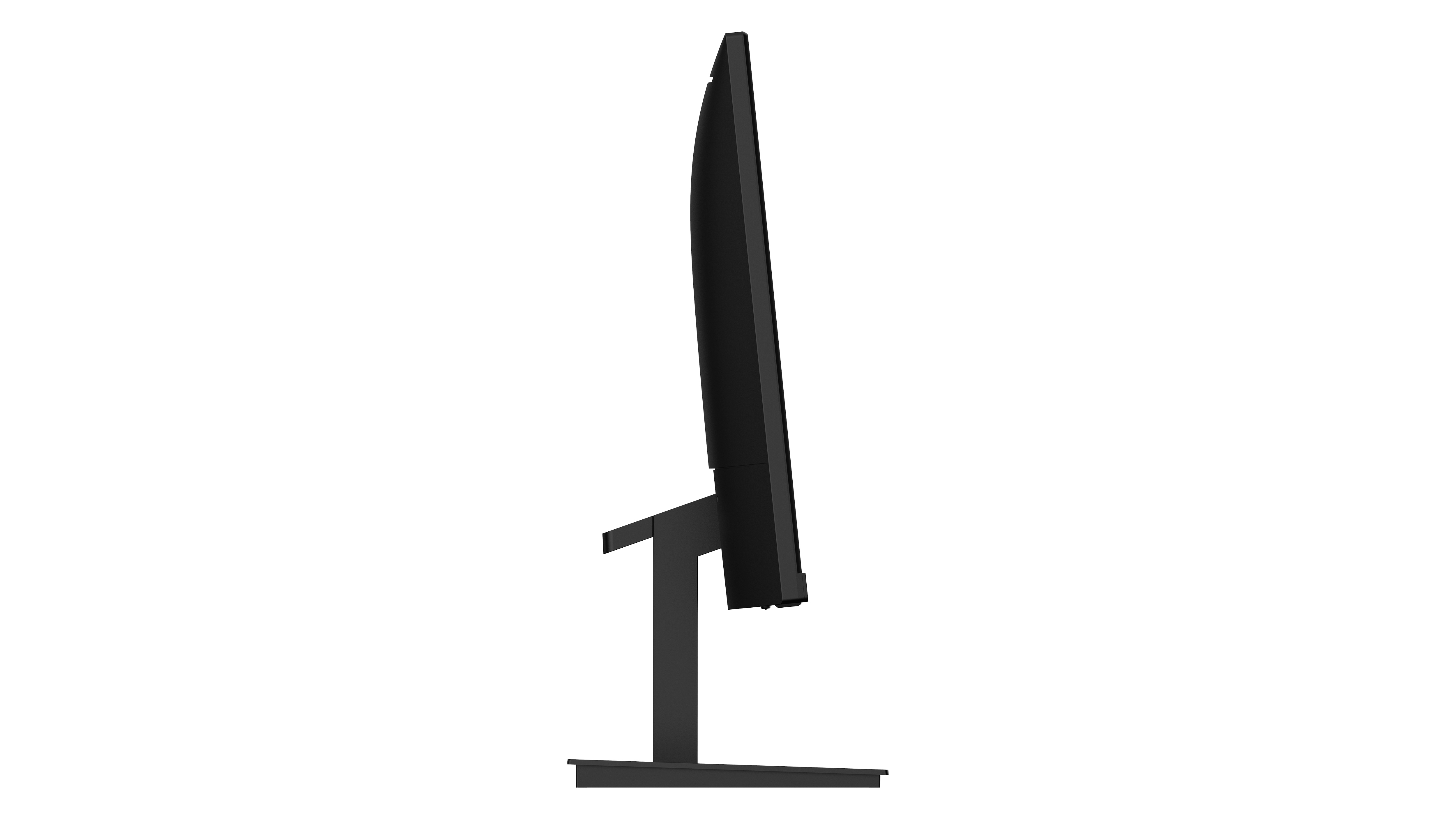Side view of a black monitor on a stand. The screen is slightly curved.