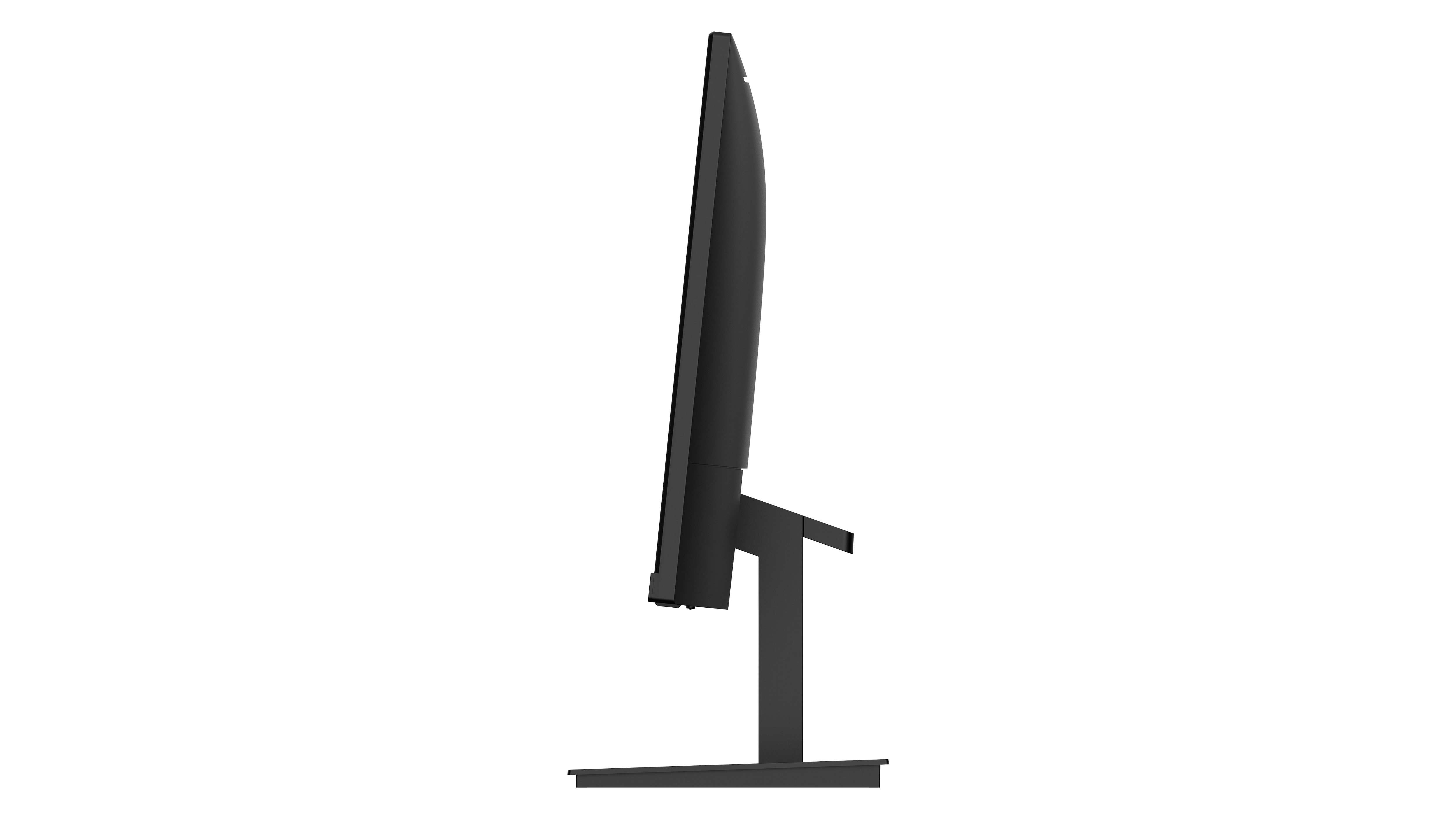 Side view of a black monitor on a stand, showing a sleek, minimalist design.