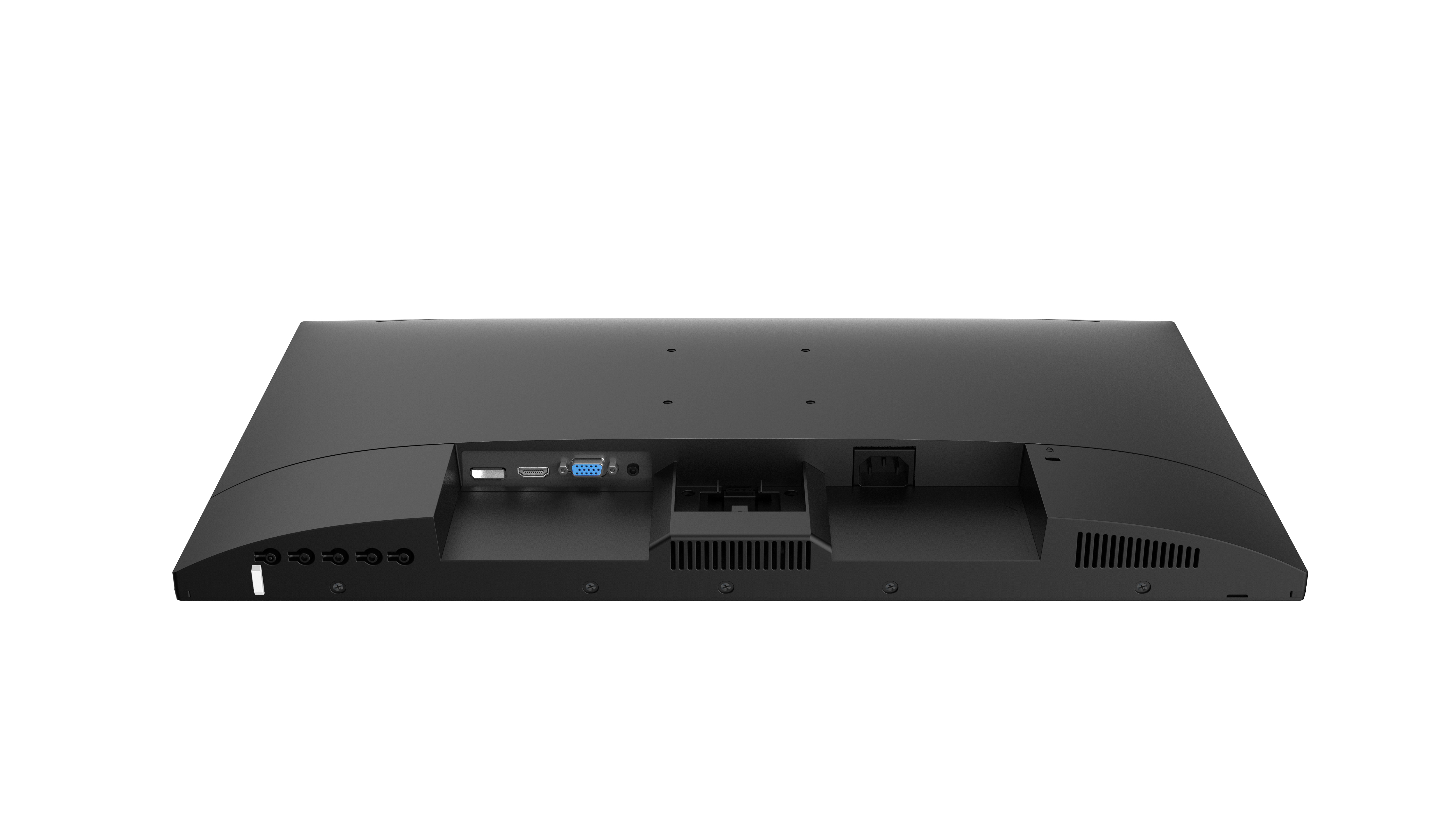 The back of a black monitor with various connection ports. White background.