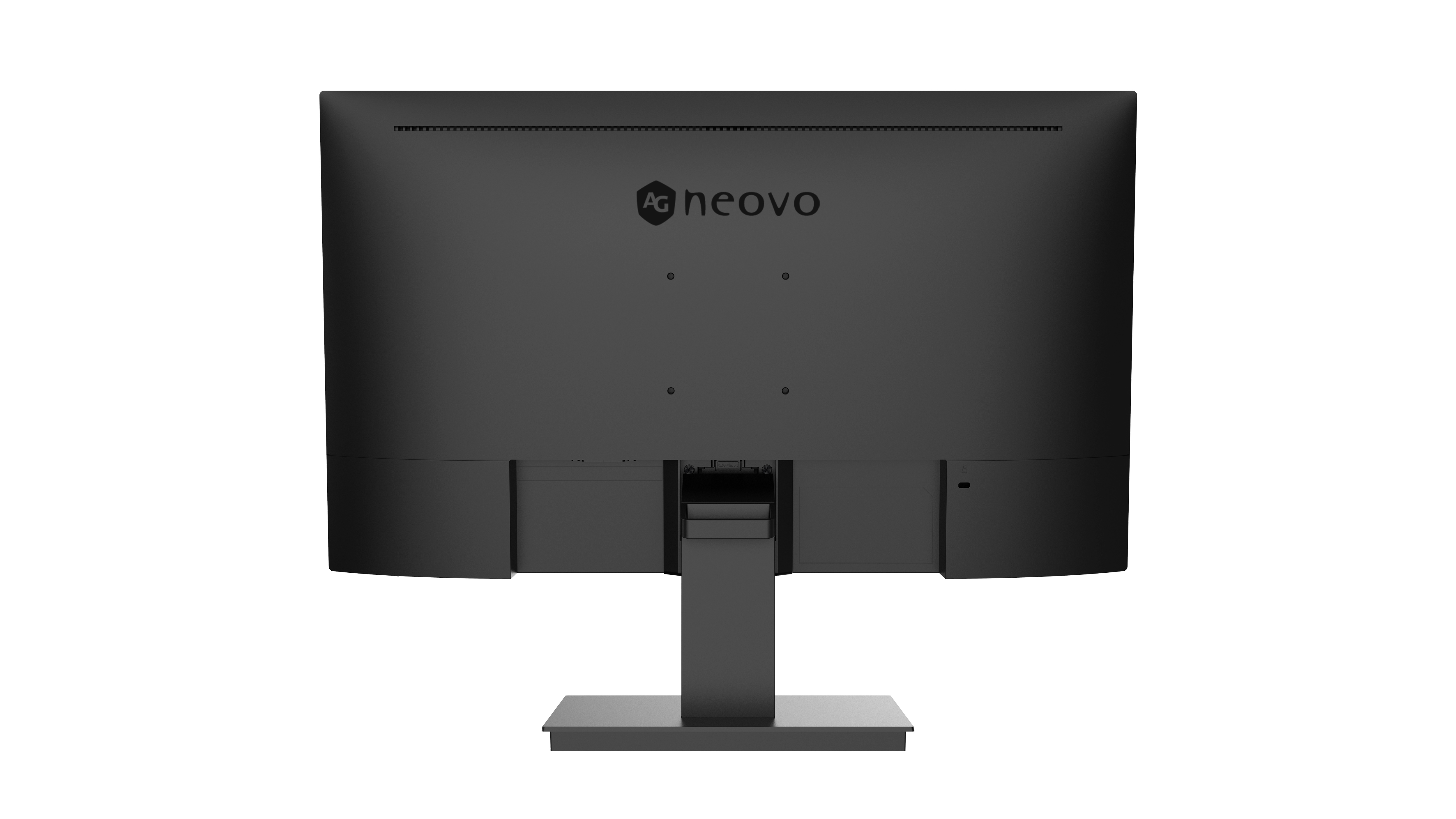 Back of a black monitor with the Neovo logo. The stand is attached. White background.