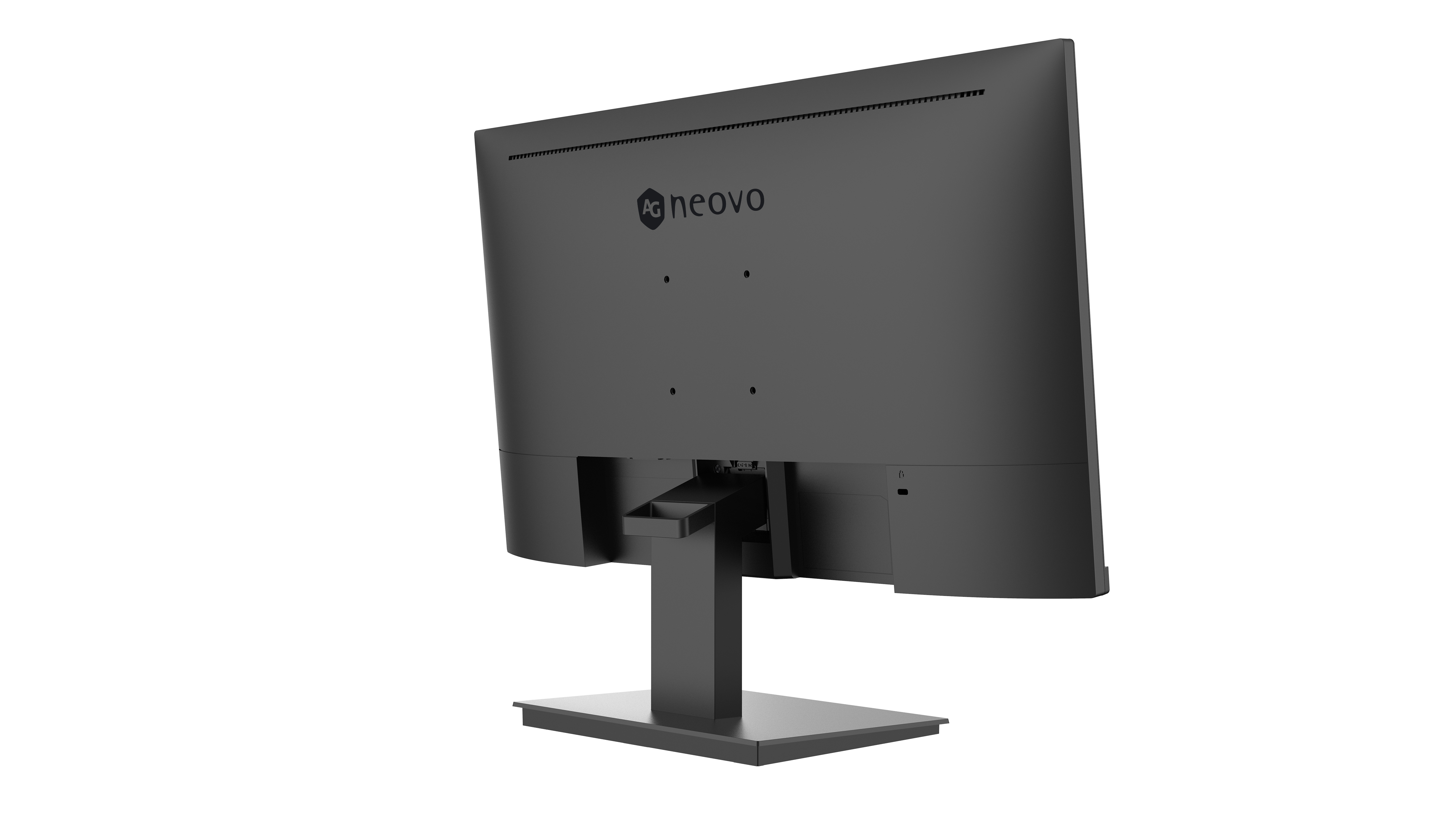 The back of a computer monitor with a stand is shown.
