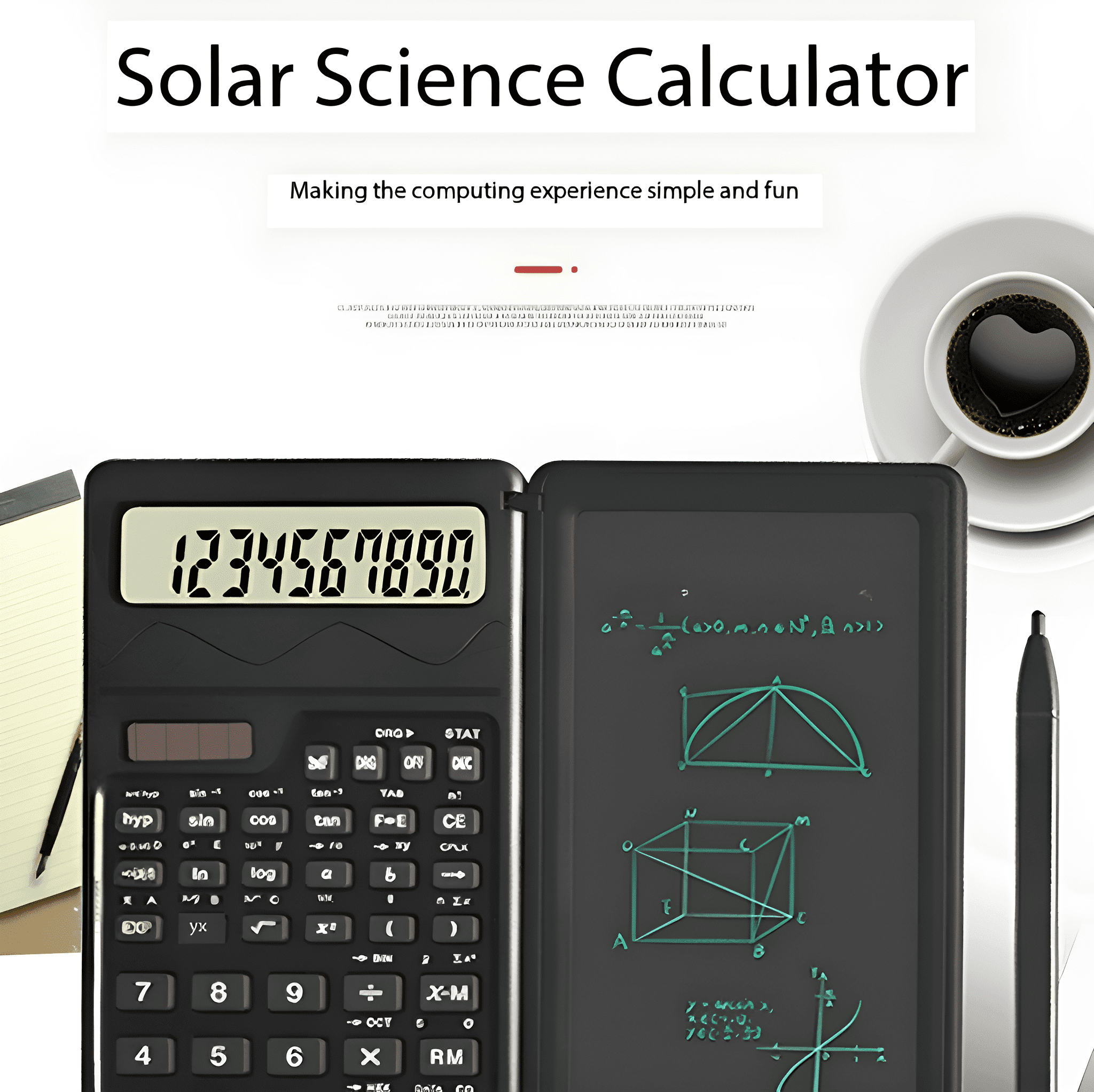 Solar-Wissenschaftsrechner mit einem Rechner links und einer Schreibtafel rechts.
