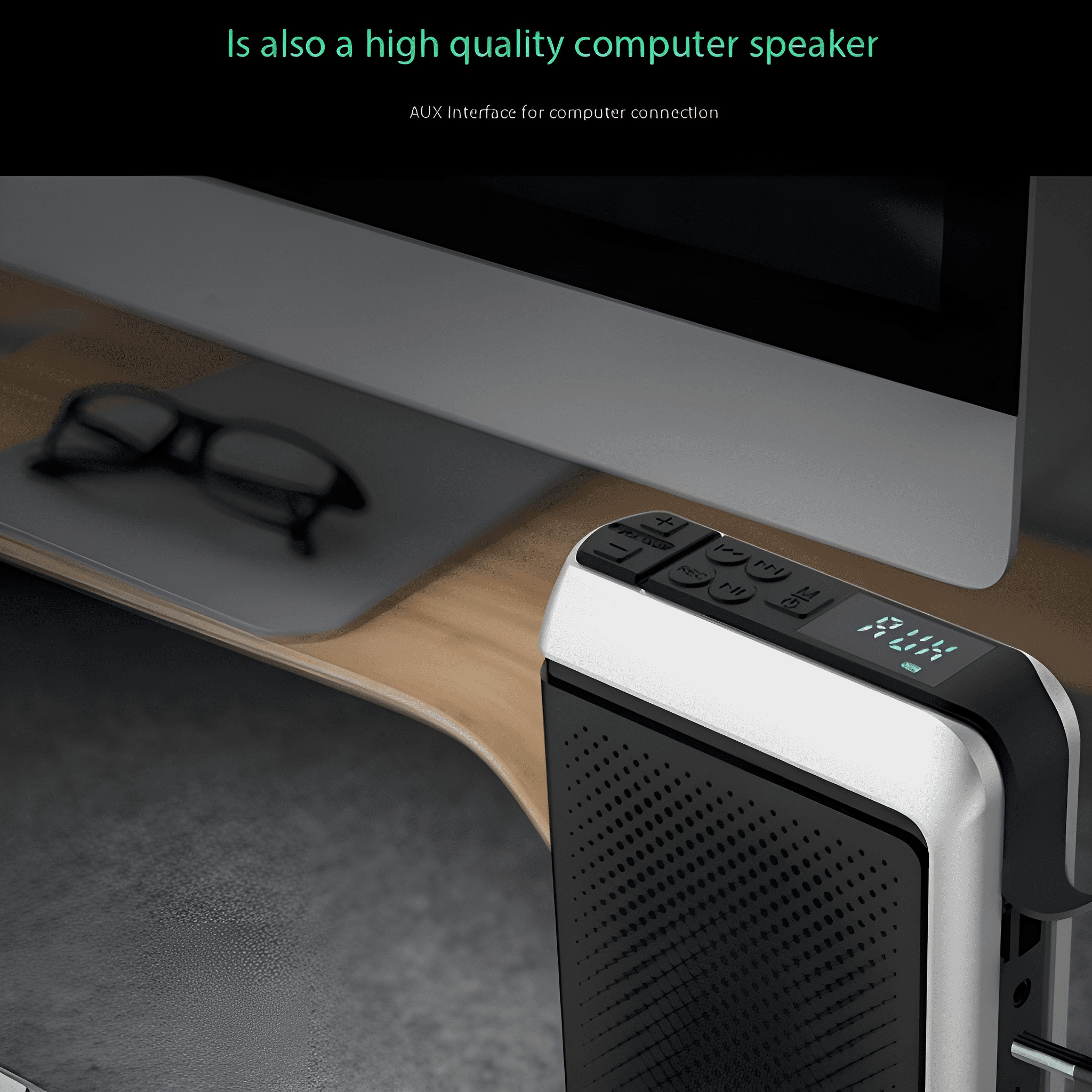 Ein Computerlautsprecher wird mit einem Computermonitor im Hintergrund angezeigt.