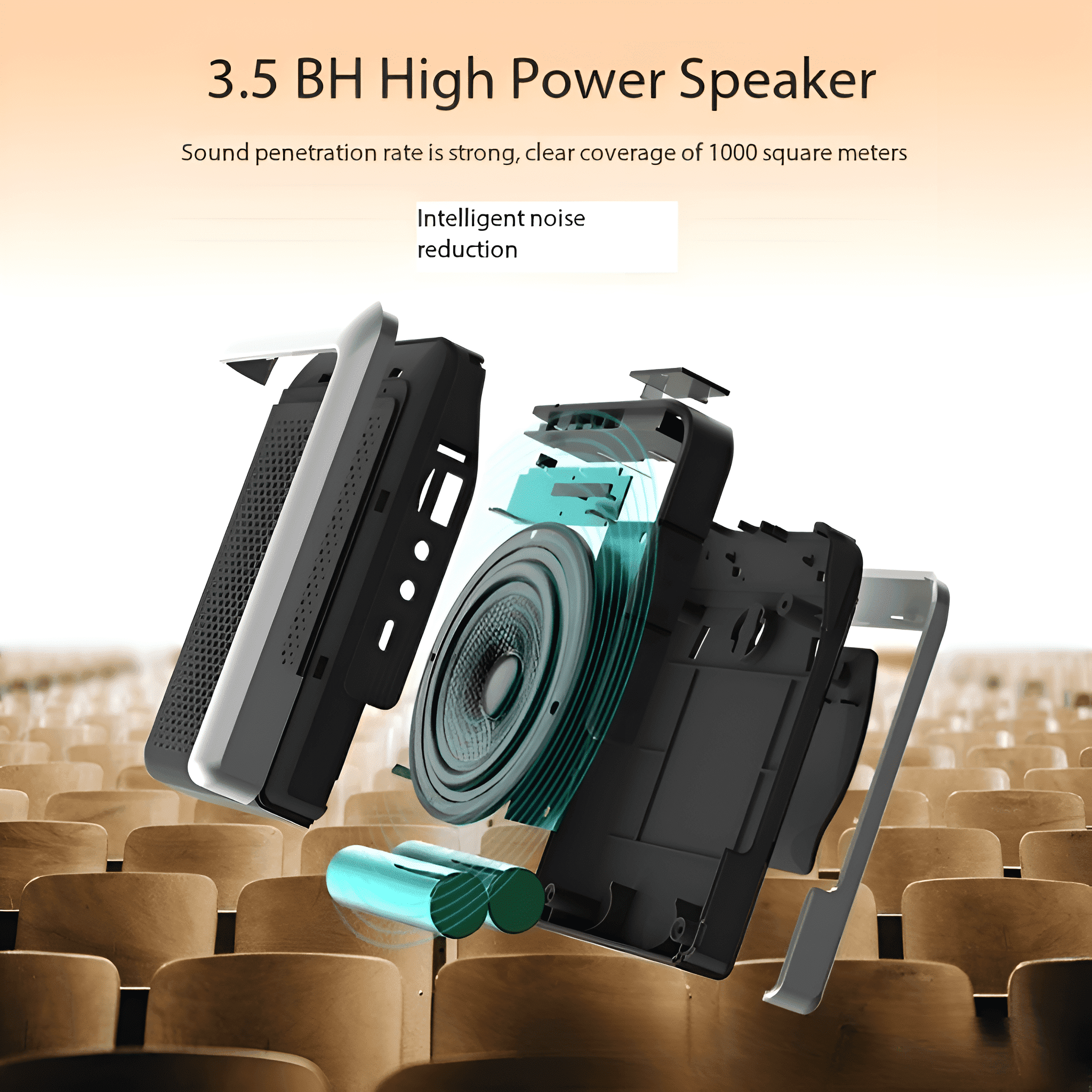 Explosionsansicht eines schwarzen Lautsprechers mit Komponenten, Text oben: 3.5 BH High Power Speaker.
