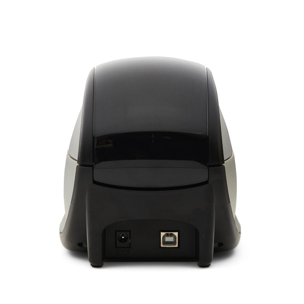 Czarna drukarka etykiet z tyłu, z portem USB i wejściem zasilania, na białym tle.