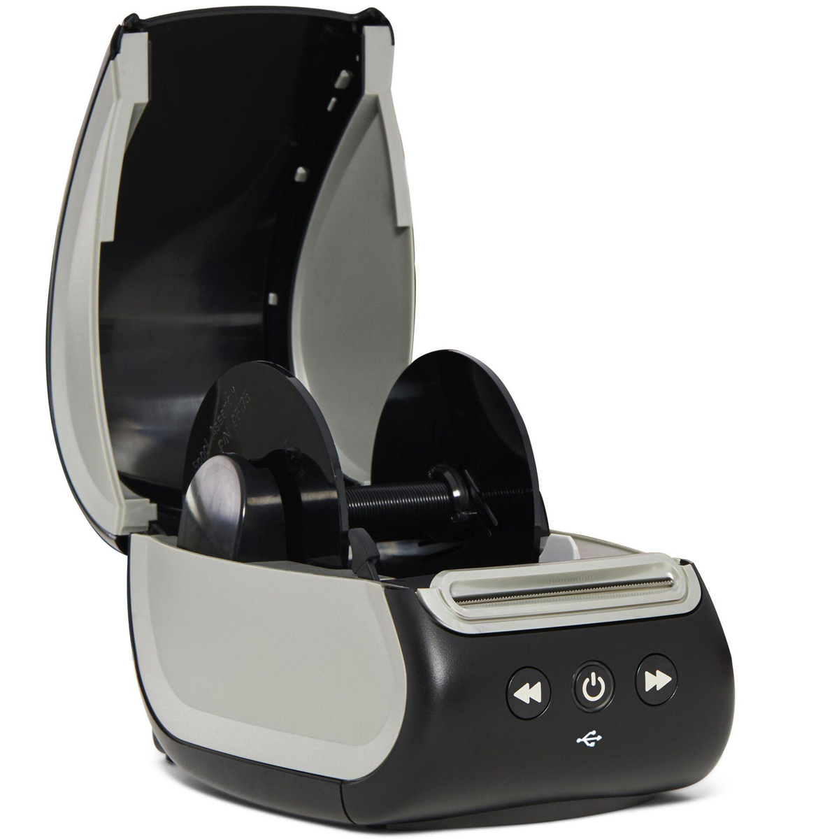 Drukarka etykiet z otwartą górą, pokazująca elementy wewnętrzne.