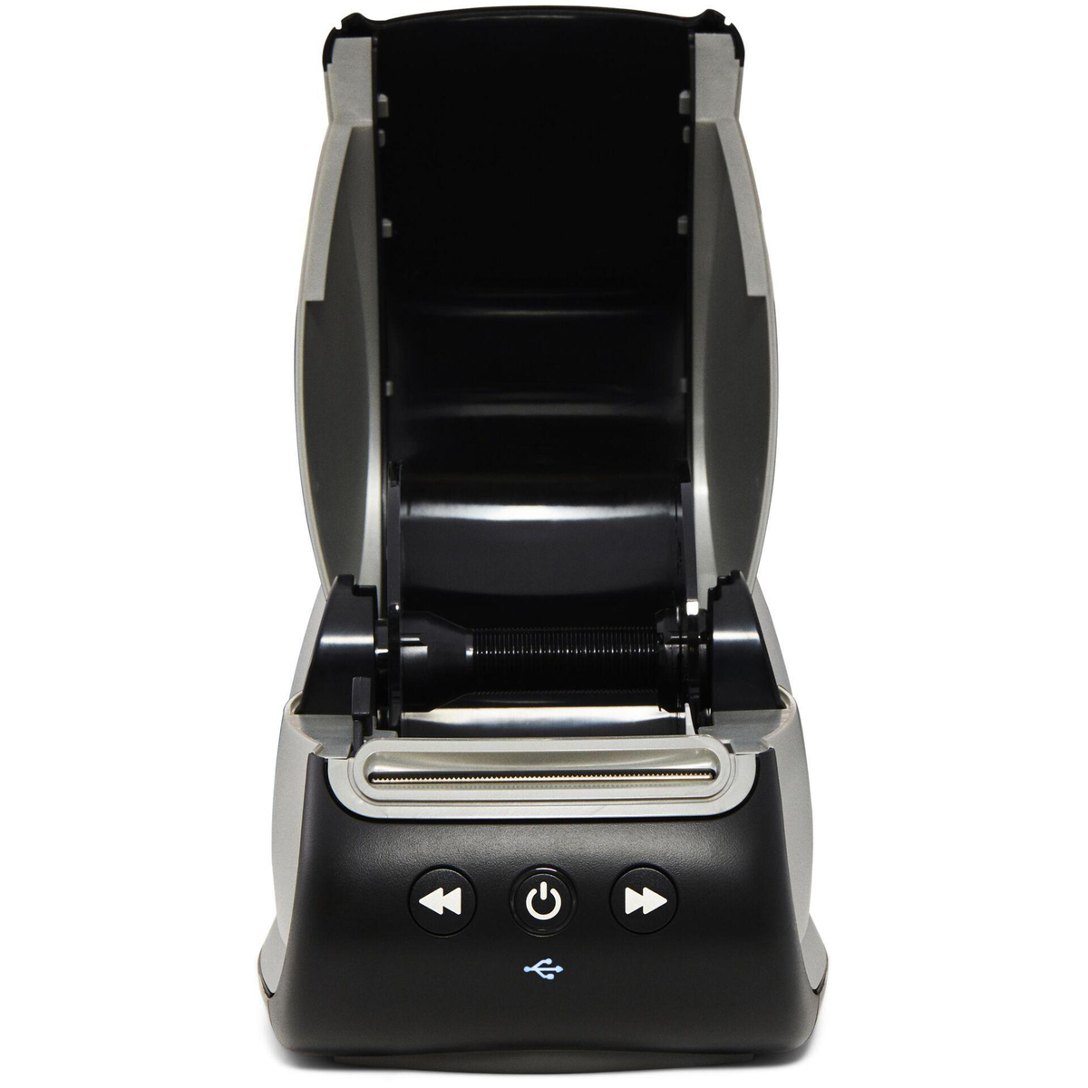 Otwarta drukarka etykiet, pokazująca obszar rolki i przyciski sterowania, widok z przodu.