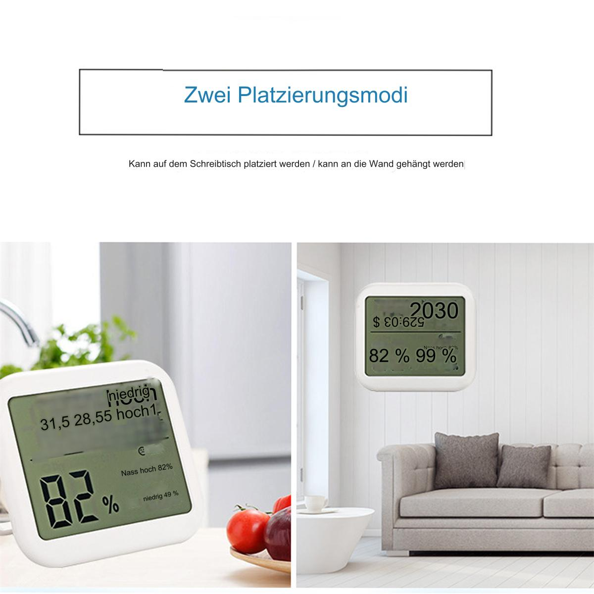 Digitales Thermometer. Links: auf dem Tisch; rechts: an der Wand. Zeigt die Temperatur.