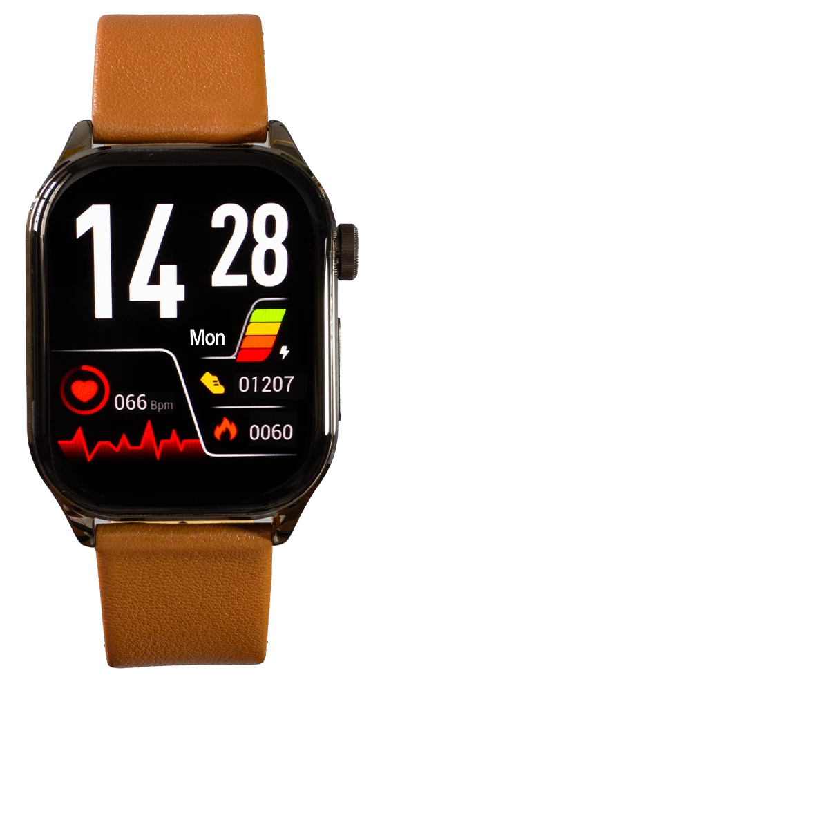 Eine braune Smartwatch zeigt Zeit, Herzfrequenz und andere Gesundheitsdaten auf schwarzem Bildschirm.