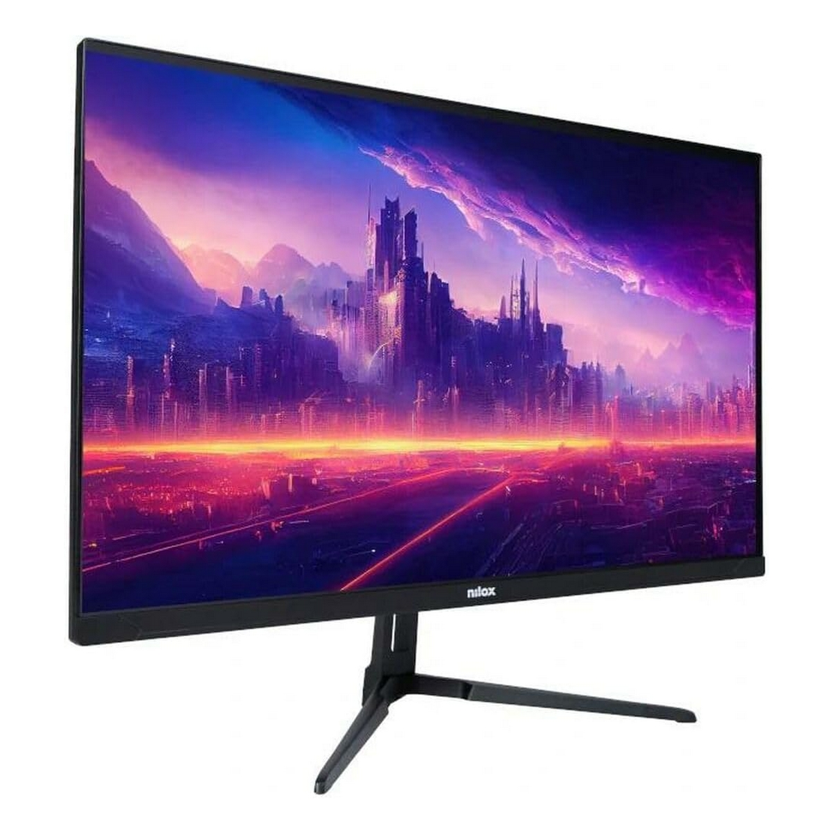 Monitor wyświetlający futurystyczne miasto w fioletowo-pomarańczowej scenerii nocnej.