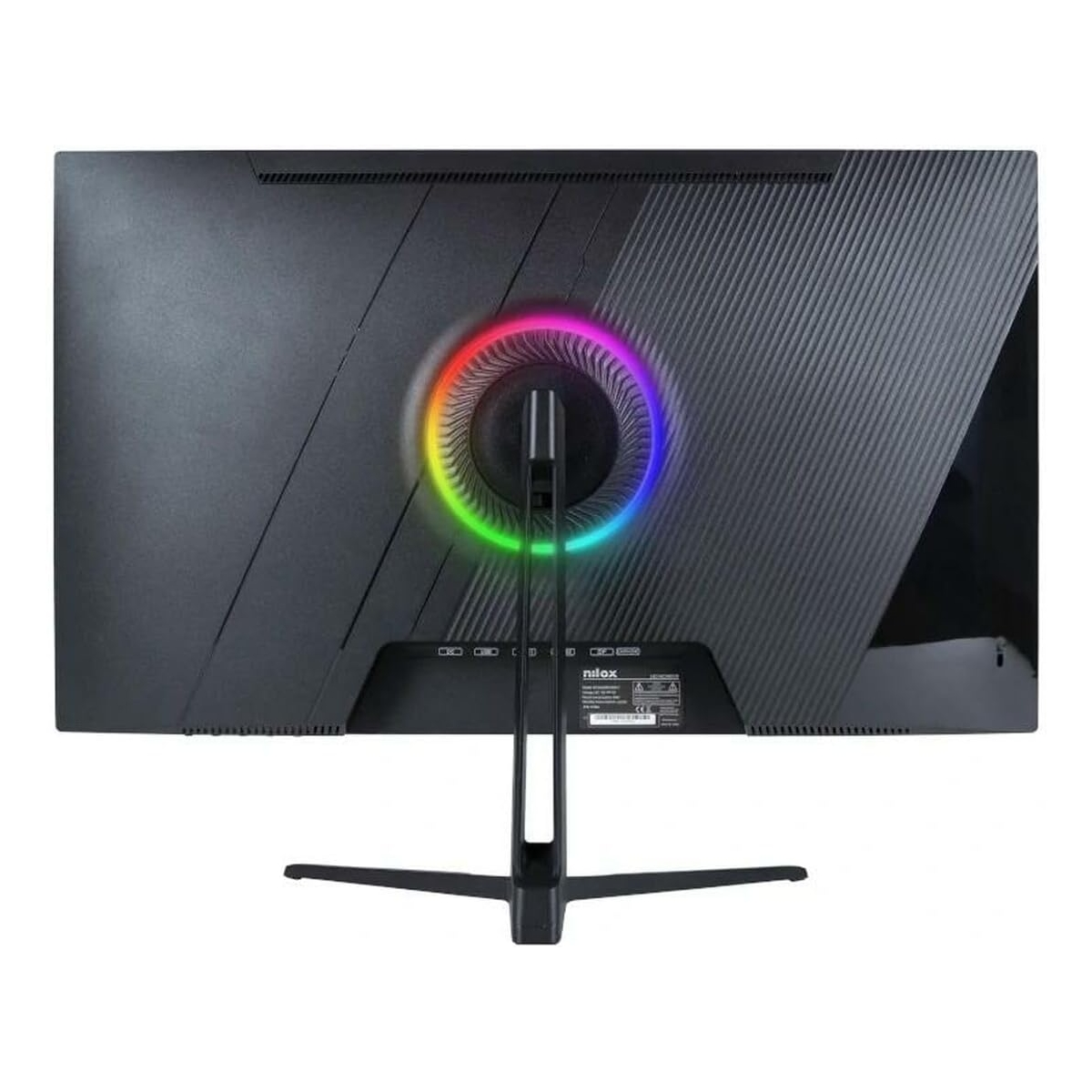 Tył czarnego monitora z oświetleniem RGB. Podstawa jest czarna. Logo znajduje się na górze.
