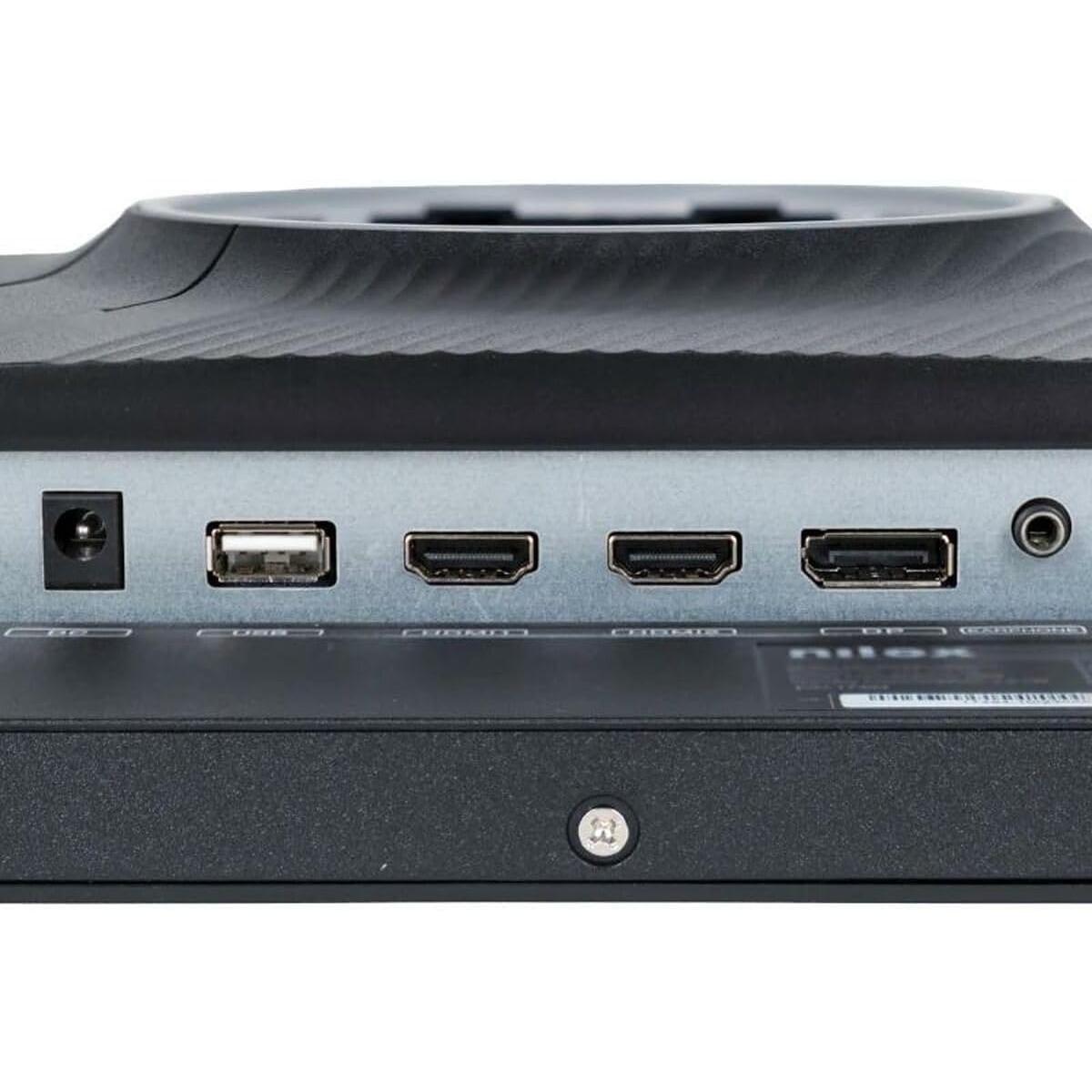 Zbliżenie tyłu monitora z portami, w tym USB i HDMI, na białym tle.