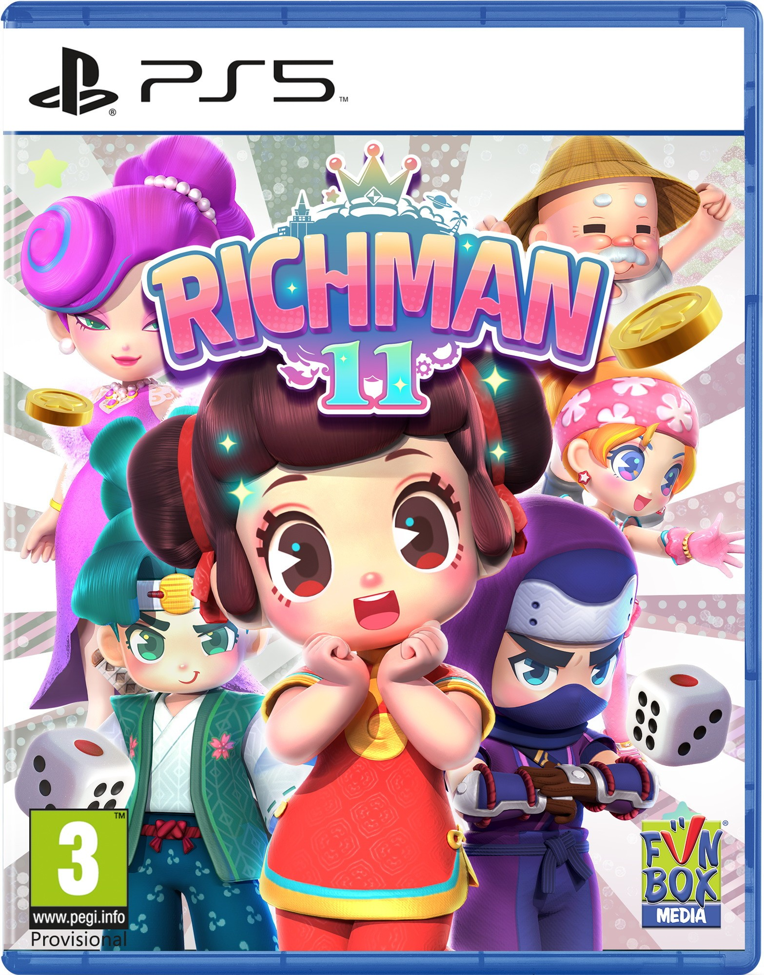 Okładka gry Richman 11 PS5. Kolorowe postacie, kości i logo PS5 na górze.