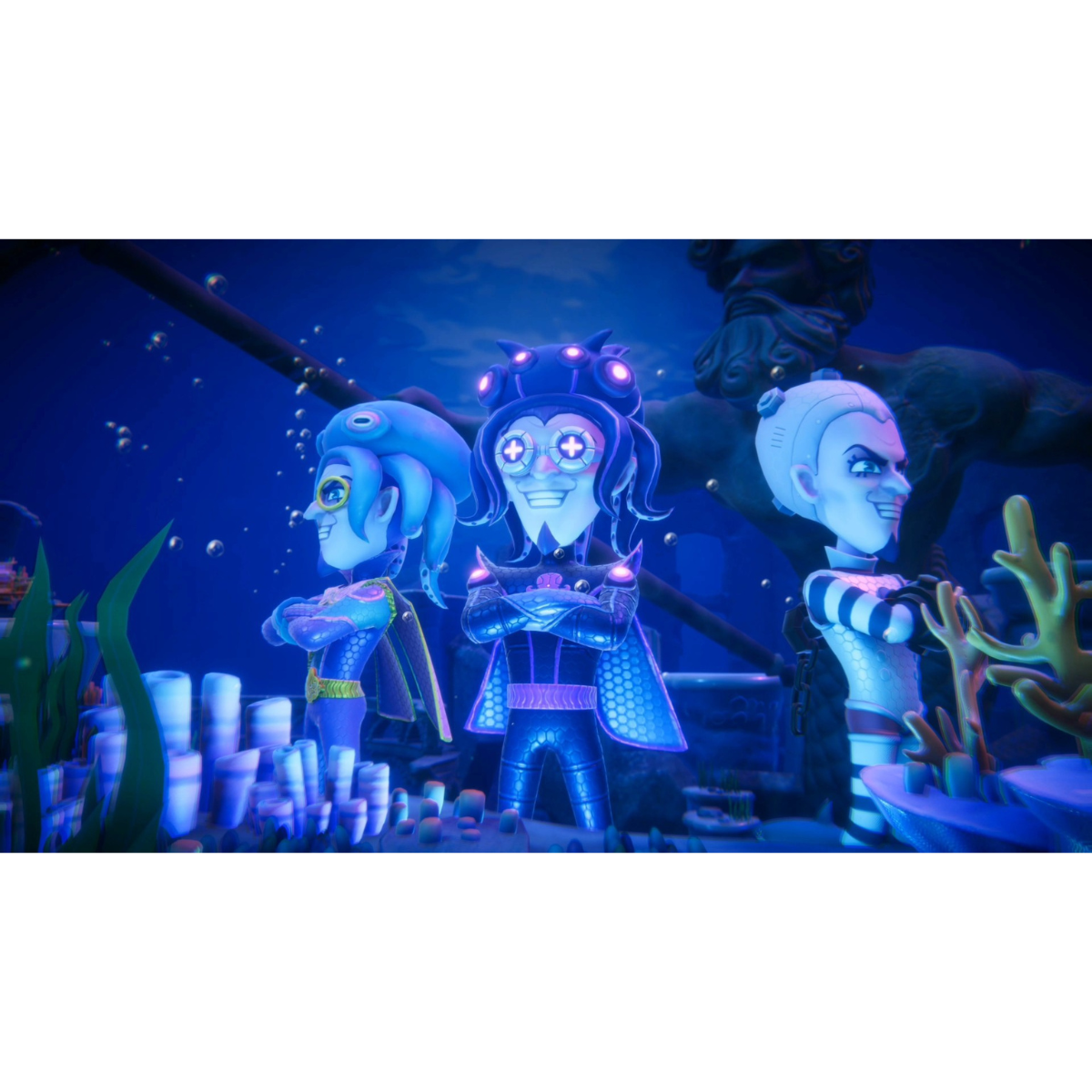 Tre personaggi dei cartoni animati in una scena sottomarina, sfondo blu.