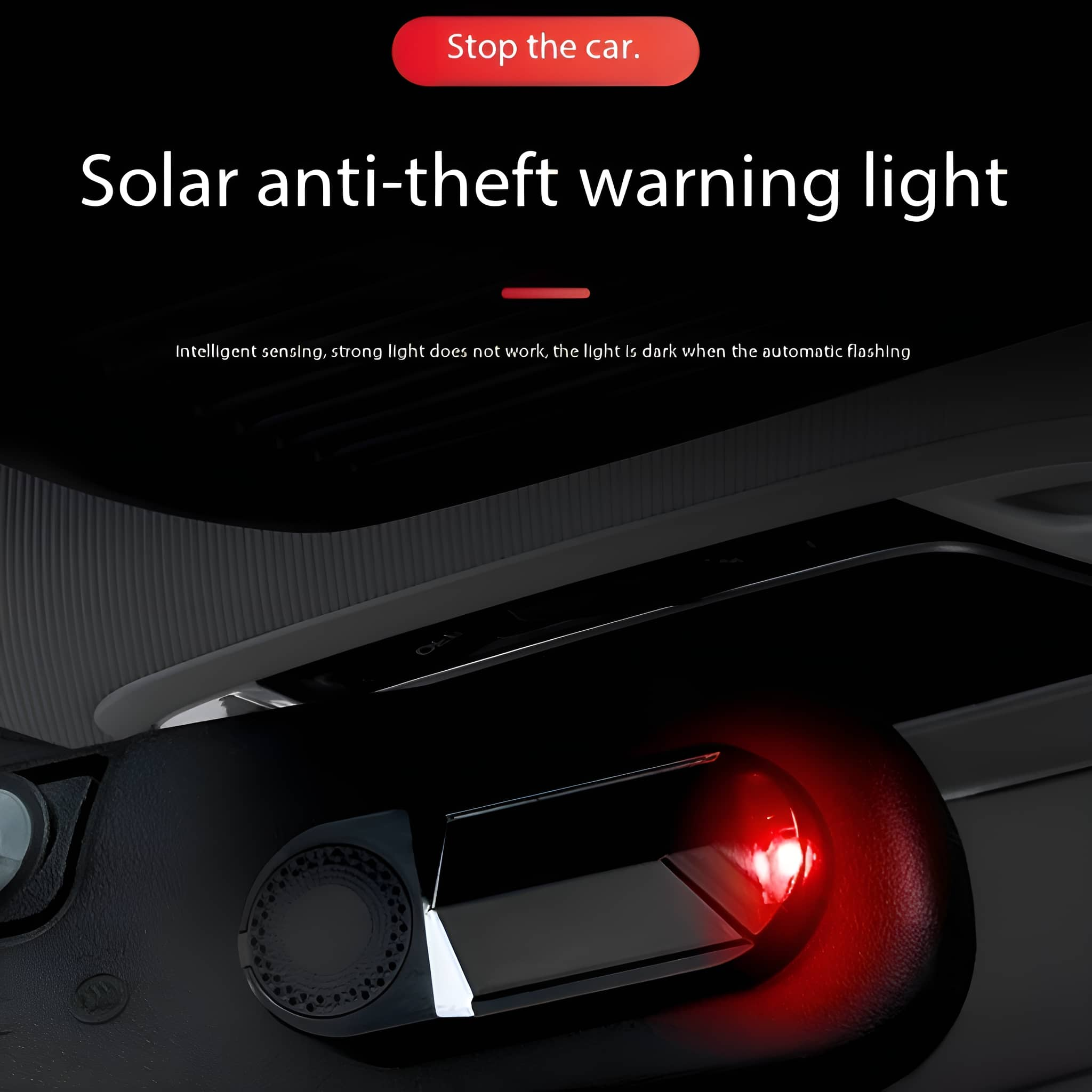 Autointerieur, ein rotes Licht und Text über Solar-Diebstahlwarnung.