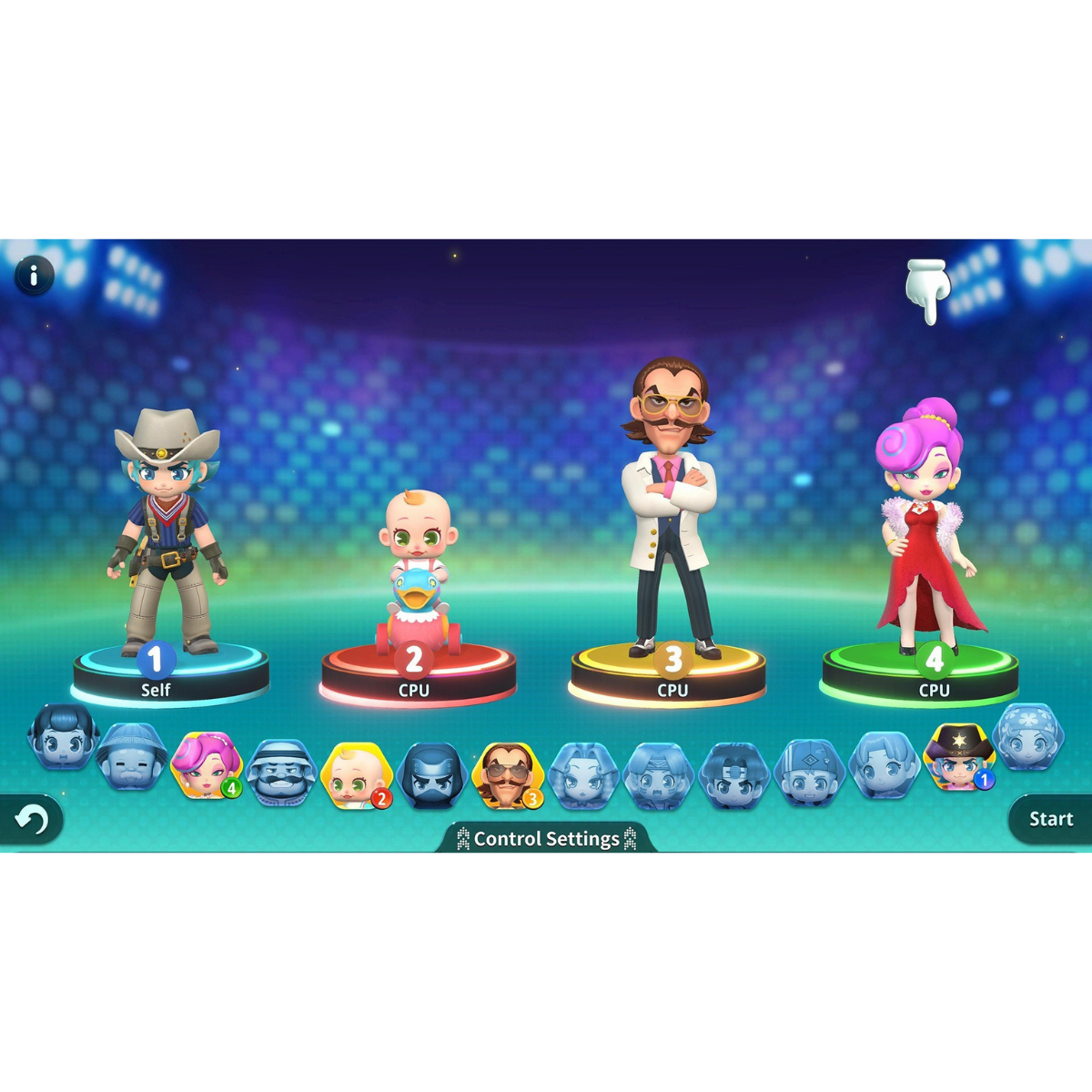 Schermo di gioco con quattro personaggi dei cartoni animati su piattaforme. Icone e pulsanti in basso.