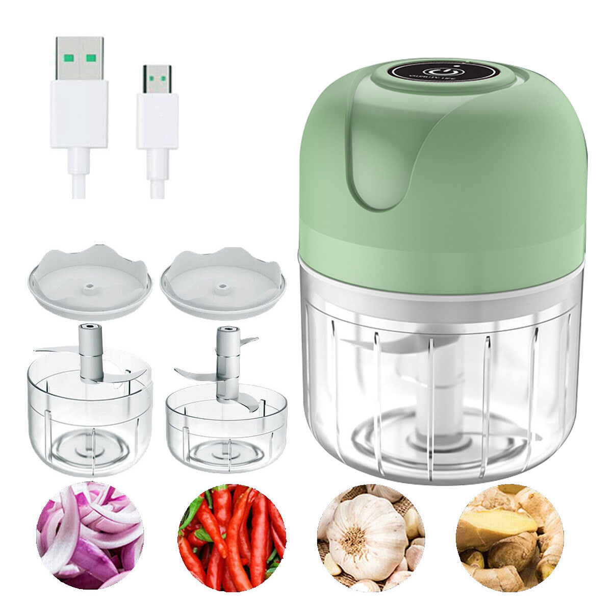 Grüner Mini-Zerkleinerer mit Klingen, Teilen und Zutaten wie Knoblauch und Paprika.