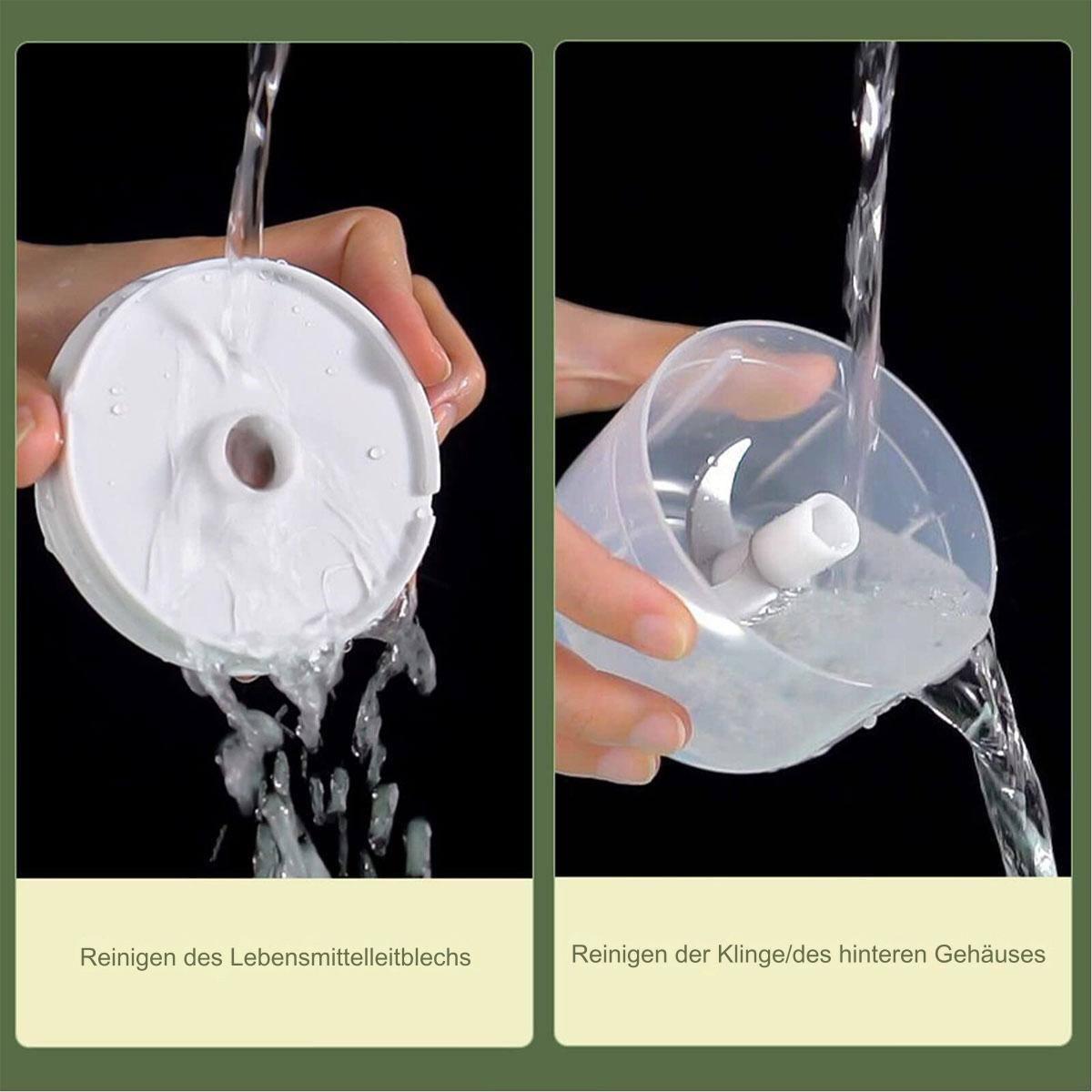 Bilder zeigen die Reinigung eines Küchengeräts, Wasser wird über Teile gegossen.