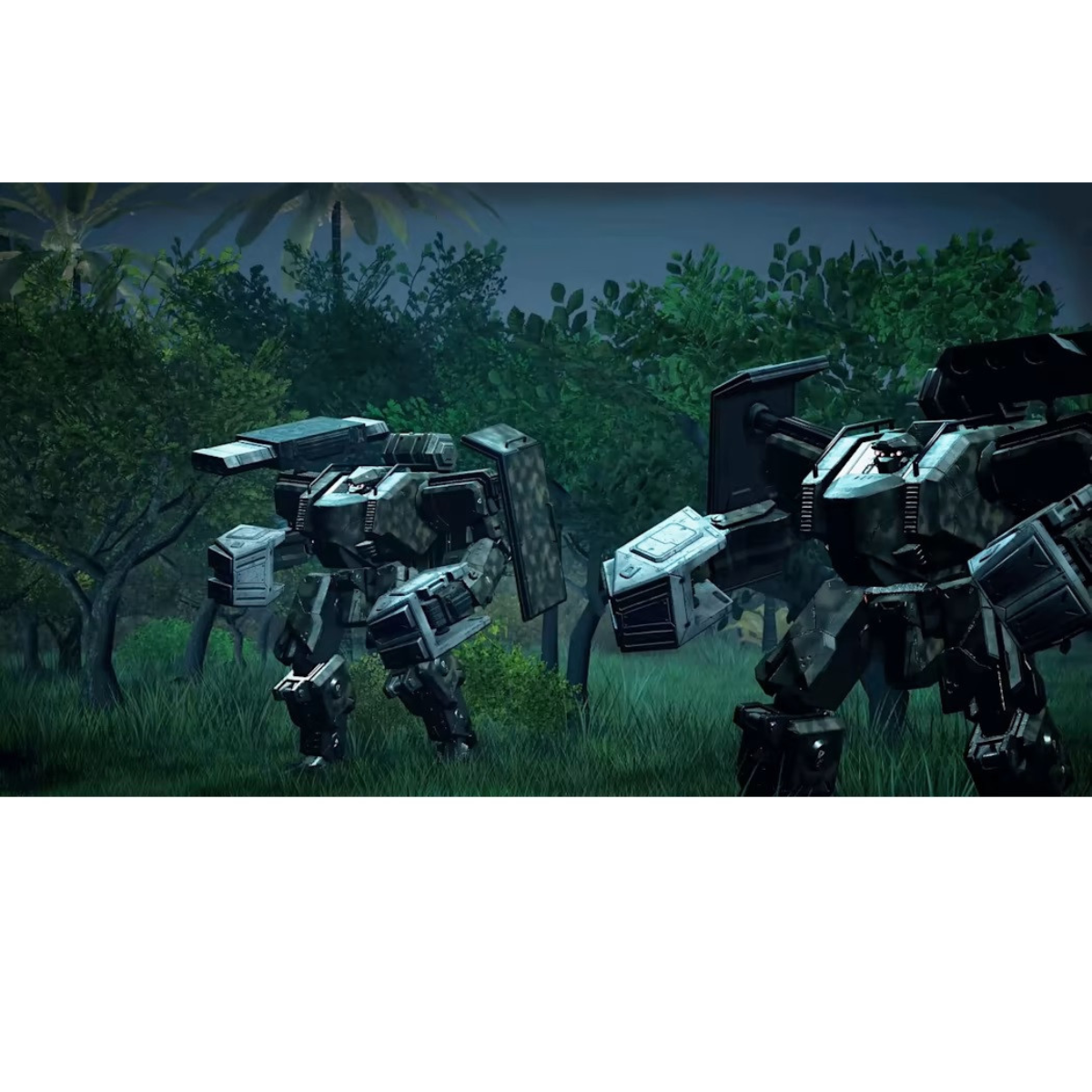 Due robot in un ambiente forestale. Schema di colori verde e grigio, ambiente scuro.