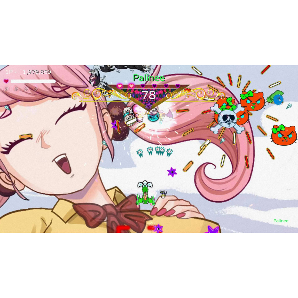 Scena di gioco anime. Una ragazza con i capelli rosa sorride. Vengono mostrati vari elementi di gioco.