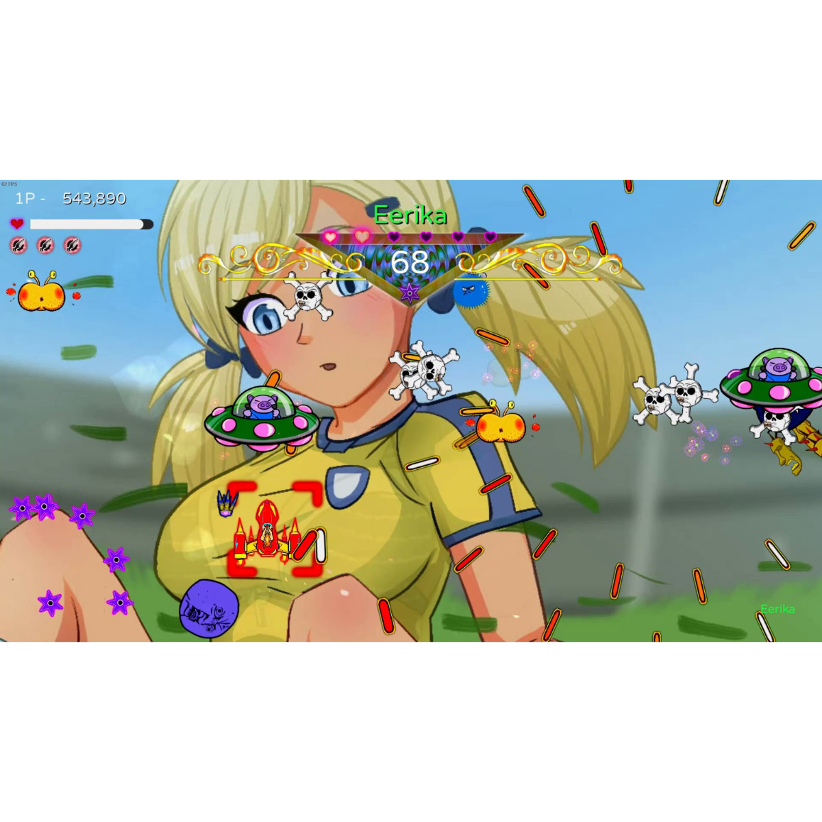 Schermata di un gioco di cartoni animati. Una ragazza bionda in uniforme gialla è al centro.