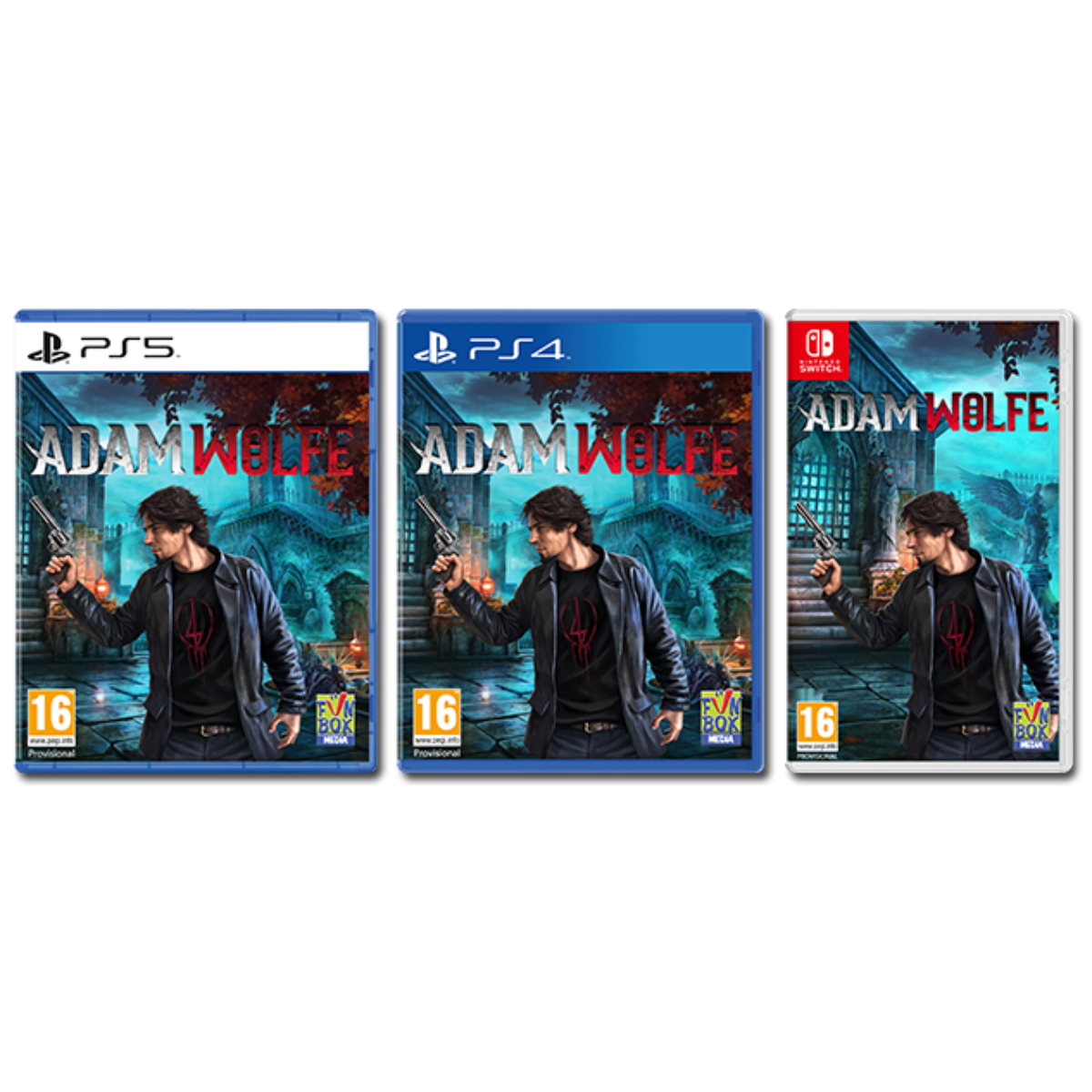 Tres cajas de juego para Adam Wolfe, versiones PS5, PS4 y Nintendo Switch. Todas presentan la misma carátula.