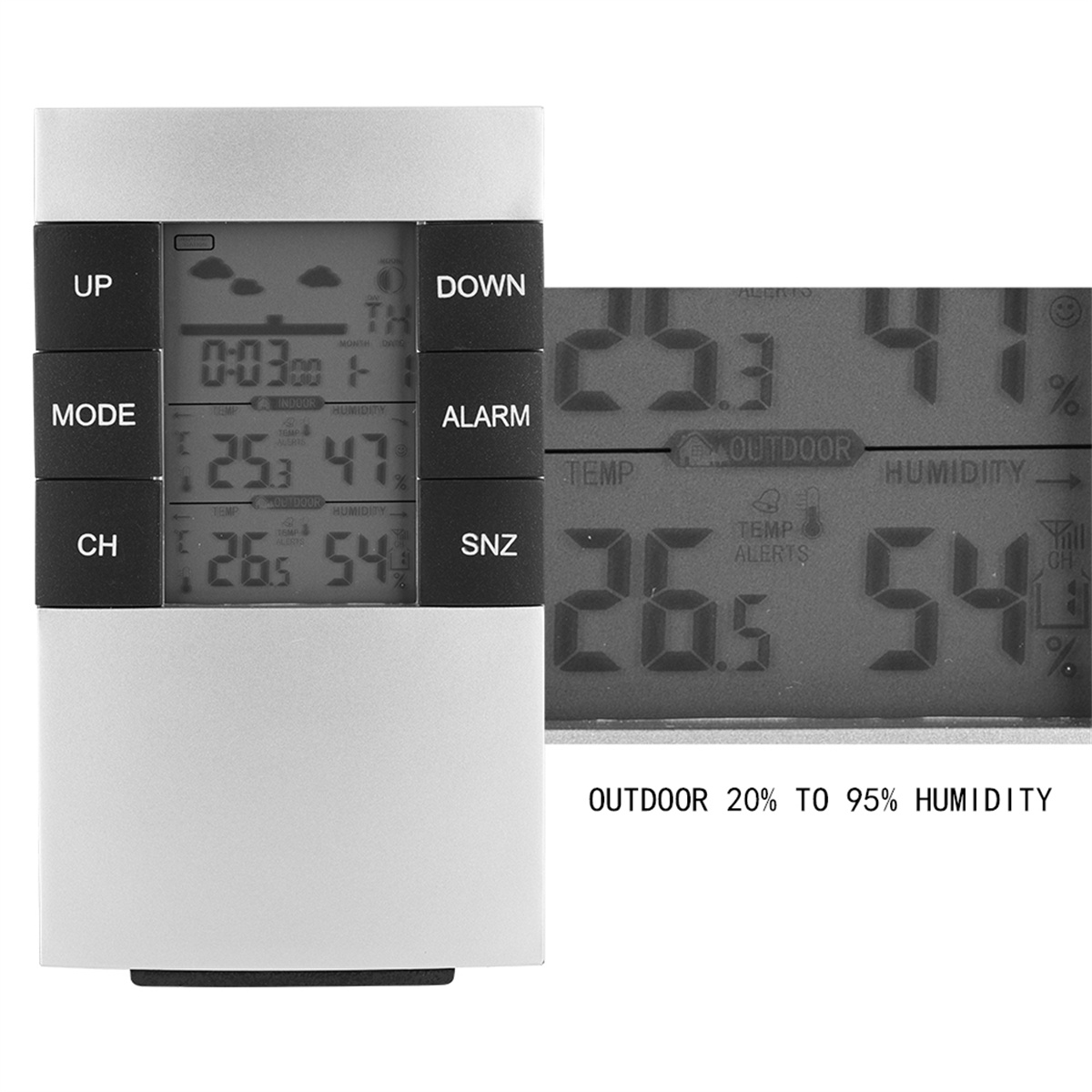 Eine Wetterstation zeigt Zeit, Temperatur und Luftfeuchtigkeit an; Tasten sind mit UP, MODE, CH, DOWN, ALARM und SNZ beschriftet.