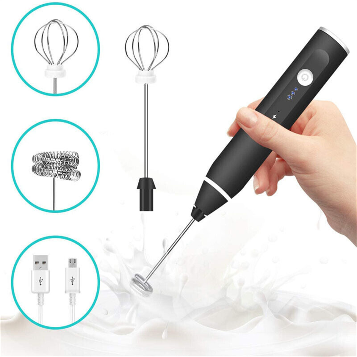 Hand hält schwarzen Milchaufschäumer mit verschiedenen Quirlen und USB-Kabel.