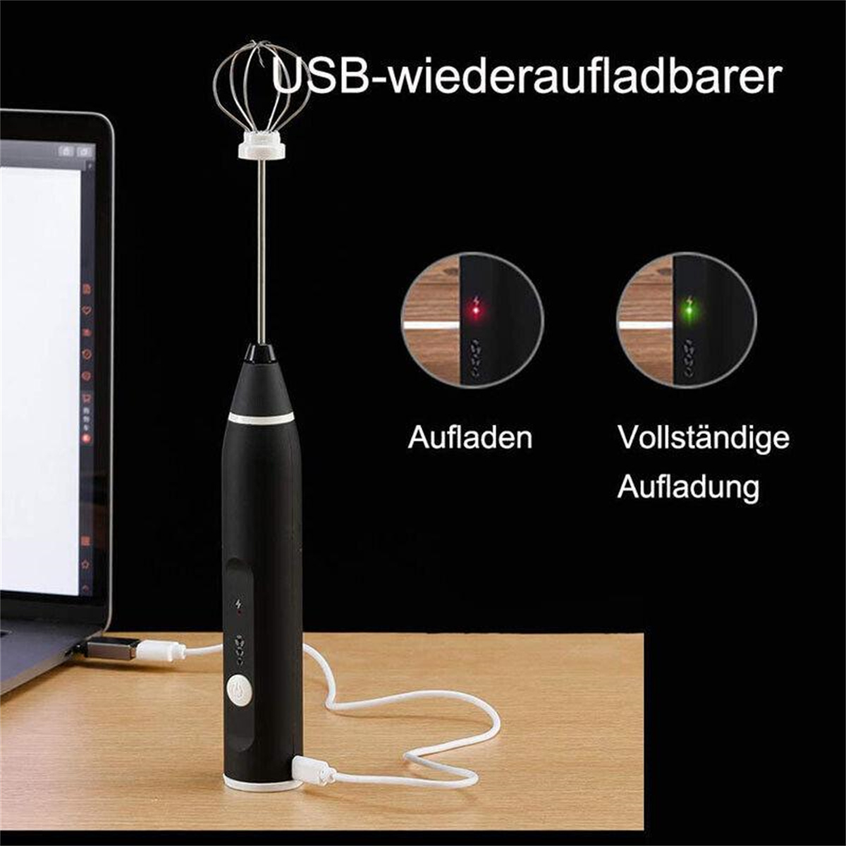 Schwarzer Handmixer mit Schneebesenaufsatz, Ladeanzeige und Text.