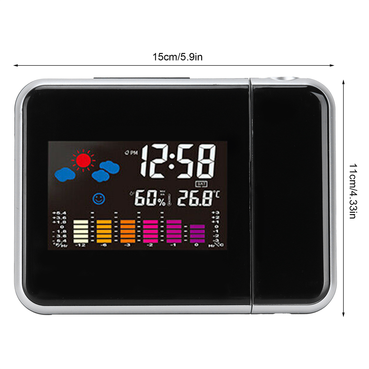 Schwarze Digitaluhr mit Zeit, Wetter und Temperatur sowie einer Messskala.