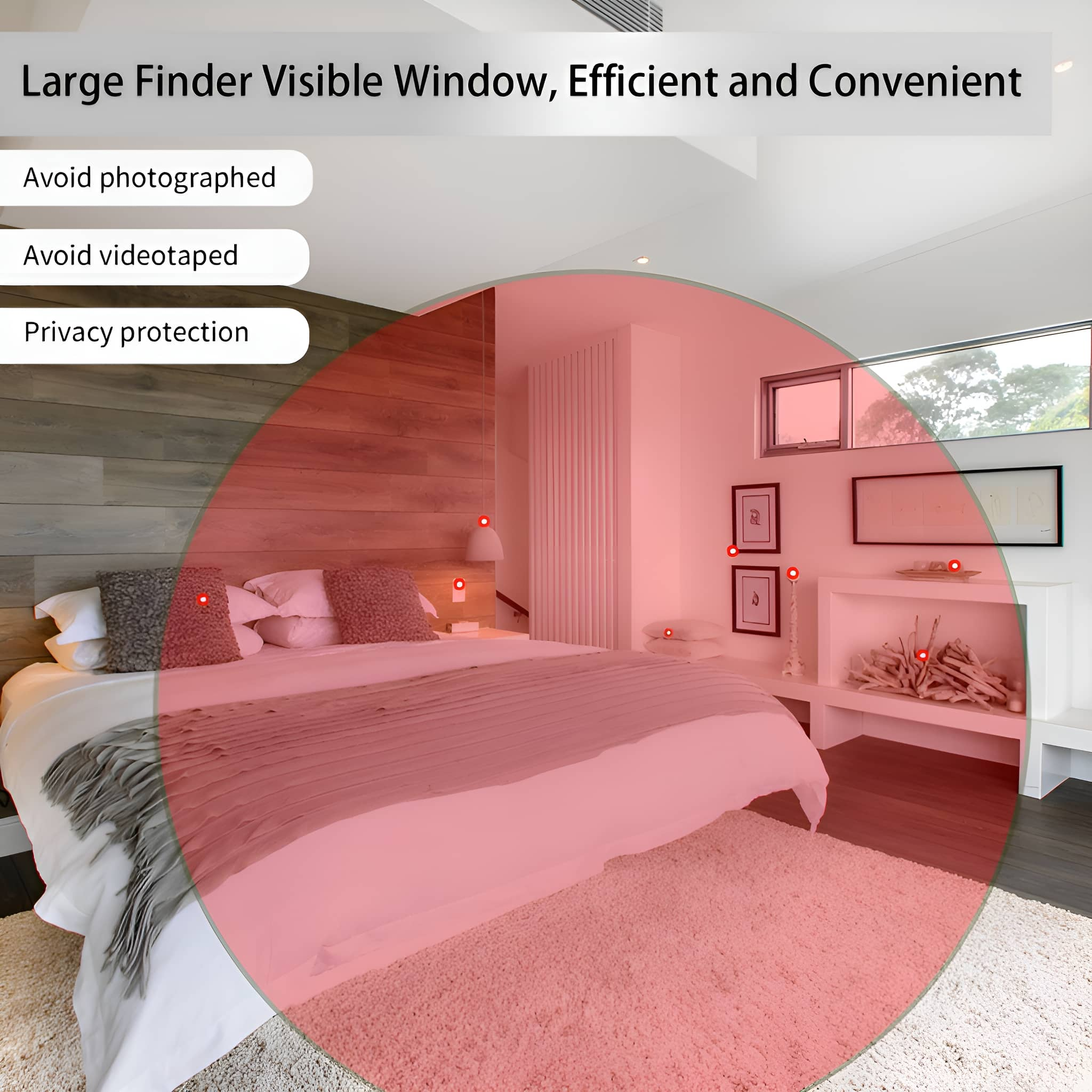 Ein roter Kreis hebt ein Schlafzimmer hervor. Ein Bett, Fenster und Möbel sind sichtbar.