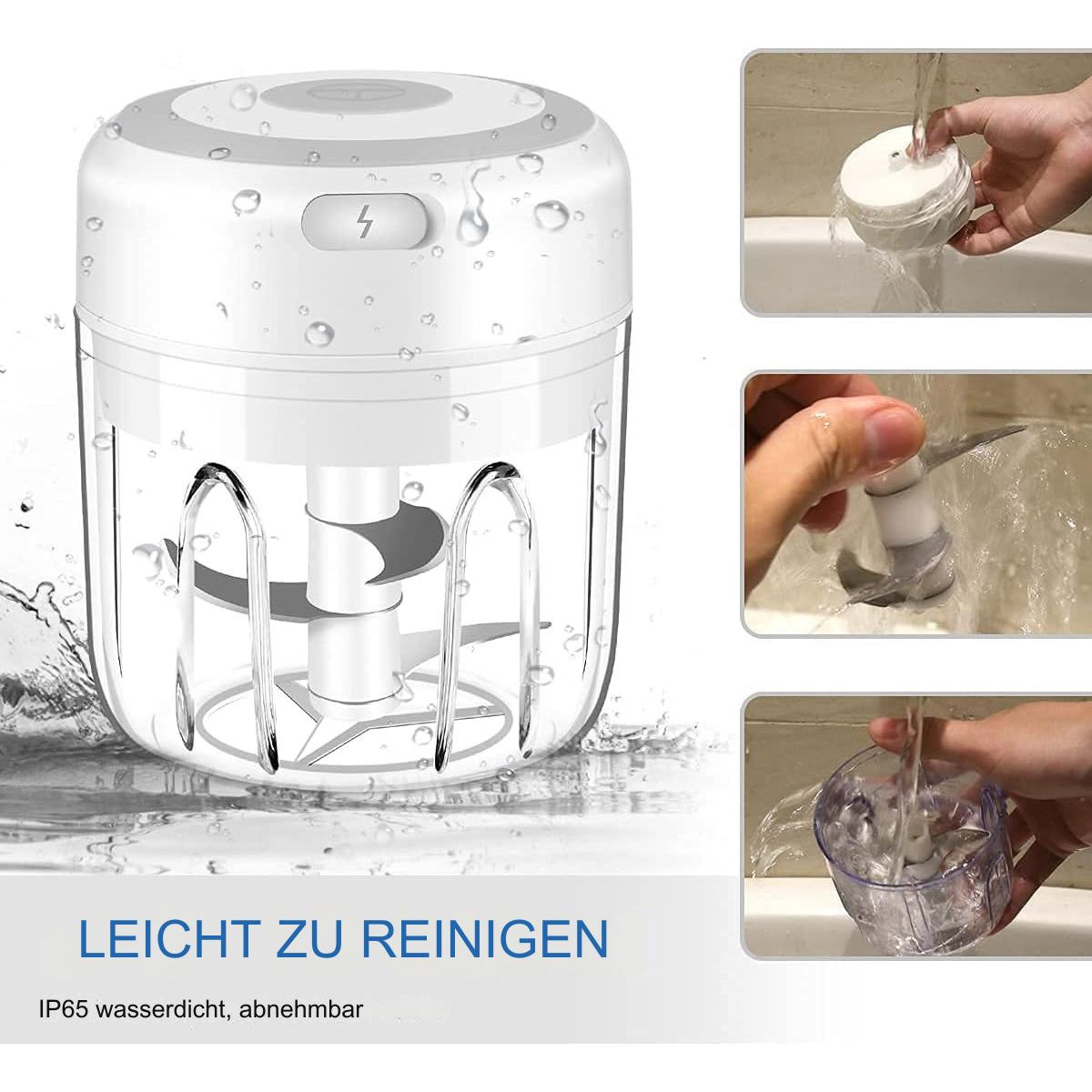 Weißer Mini-Zerkleinerer mit drei Bildern, die die Verwendung, Wasser und Klingen zeigen.