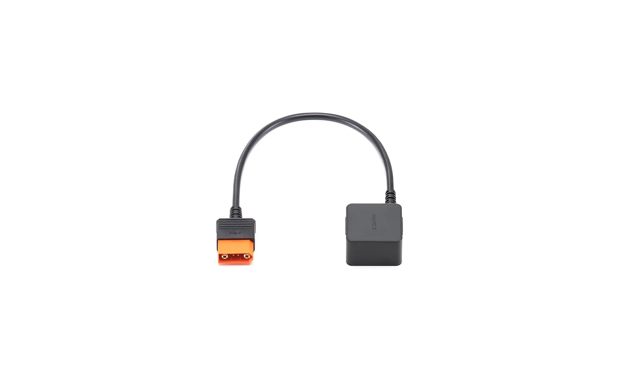 Schwarz-oranges Kabel mit schwarzem Stecker und einer schwarzen Box. Weißer Hintergrund.