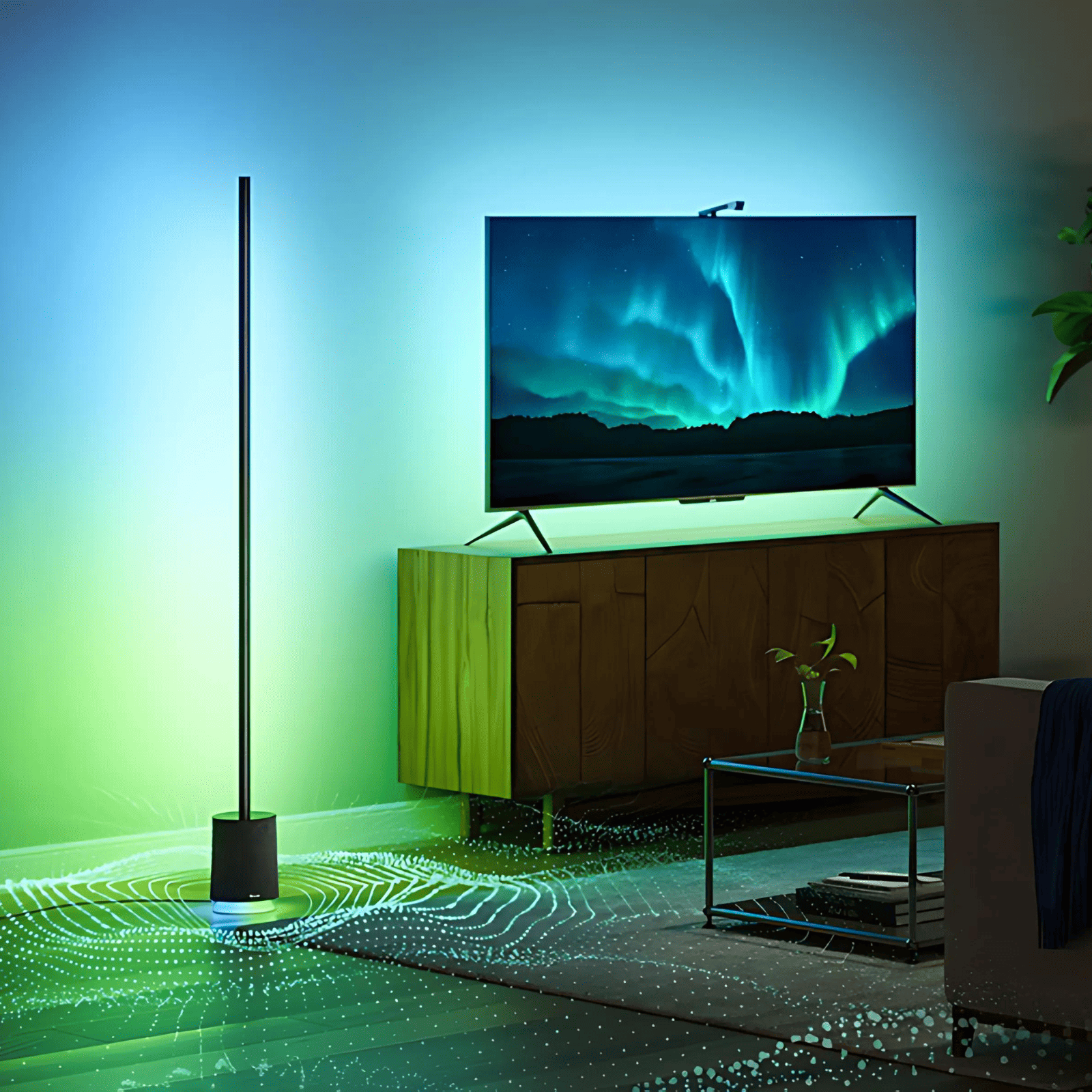 Modernes Wohnzimmer mit Stehlampe, Fernseher und Couchtisch. Der Fernseher zeigt eine Aurora.