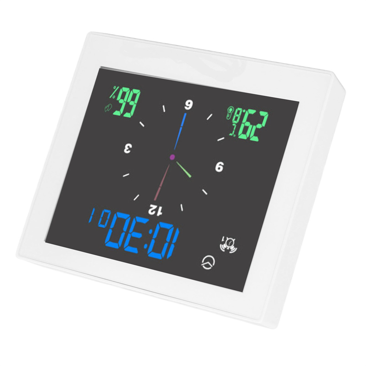 Digitaluhr zeigt Zeit, Luftfeuchtigkeit und Temperatur mit weißem Rahmen und schwarzem Bildschirm.