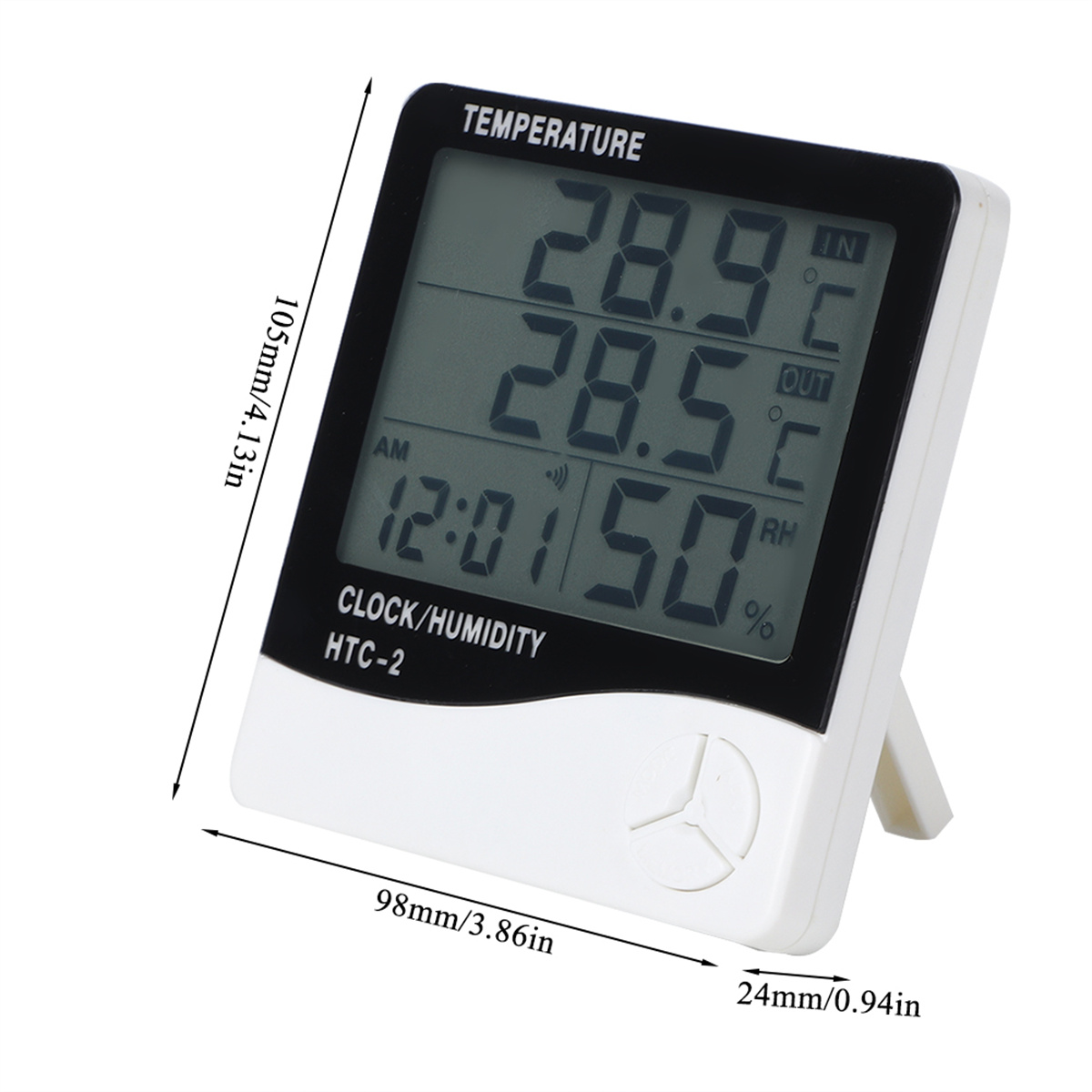 Ein weißes und schwarzes digitales Thermometer zeigt Temperatur-, Zeit- und Feuchtigkeitsmesswerte an.