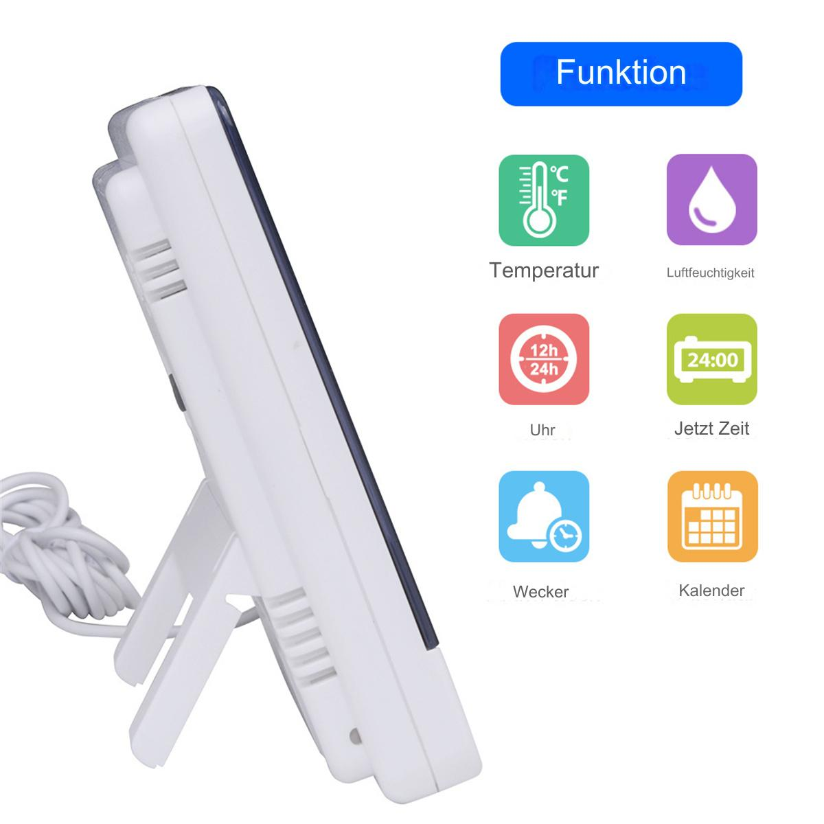 Ein weißes digitales Thermometer mit Temperatur, Feuchtigkeit, Uhrzeit, Alarm- und Kalenderfunktionen mit Ständer.