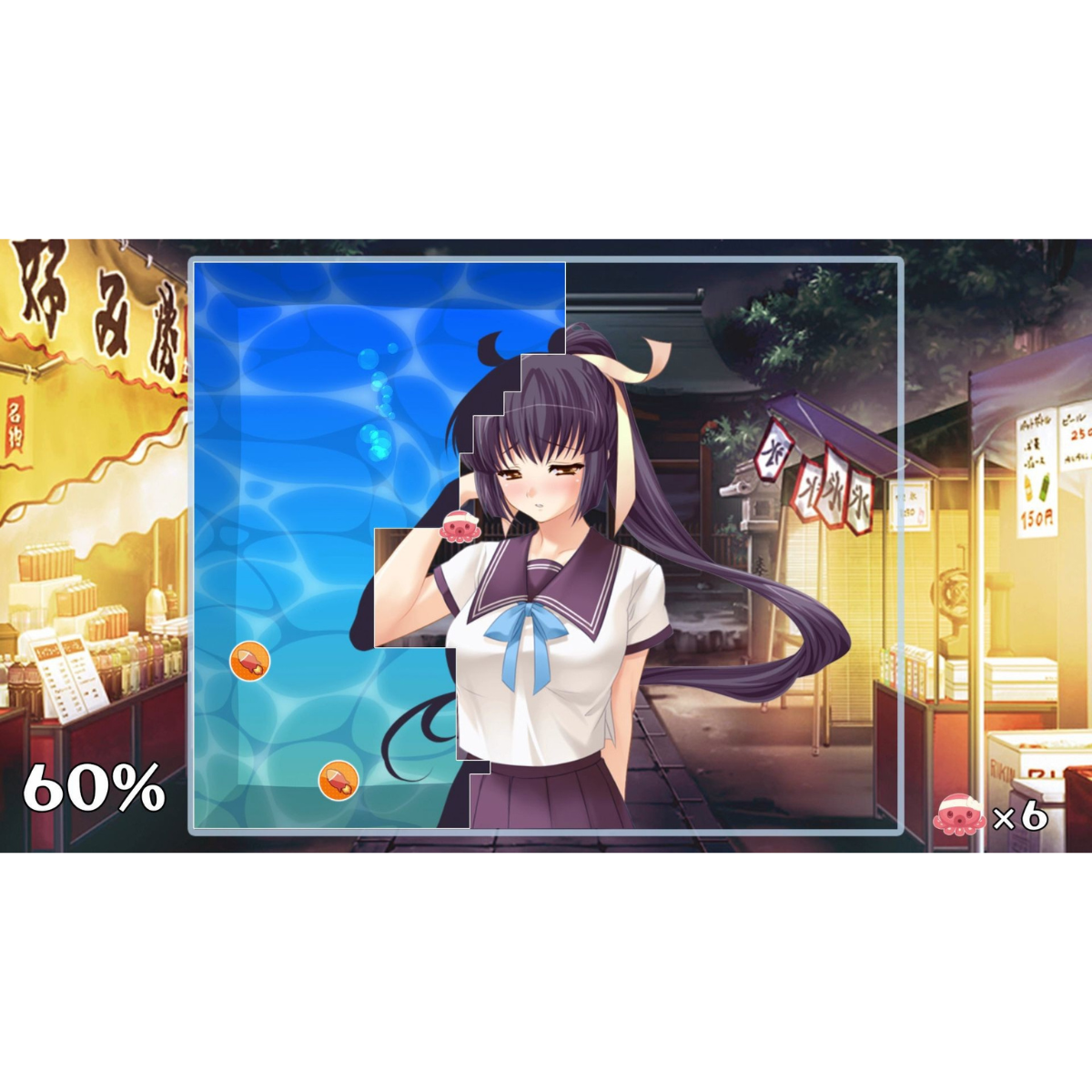 Chica estilo anime con uniforme escolar, interfaz de juego de rompecabezas. Fondo es un puesto de comida.