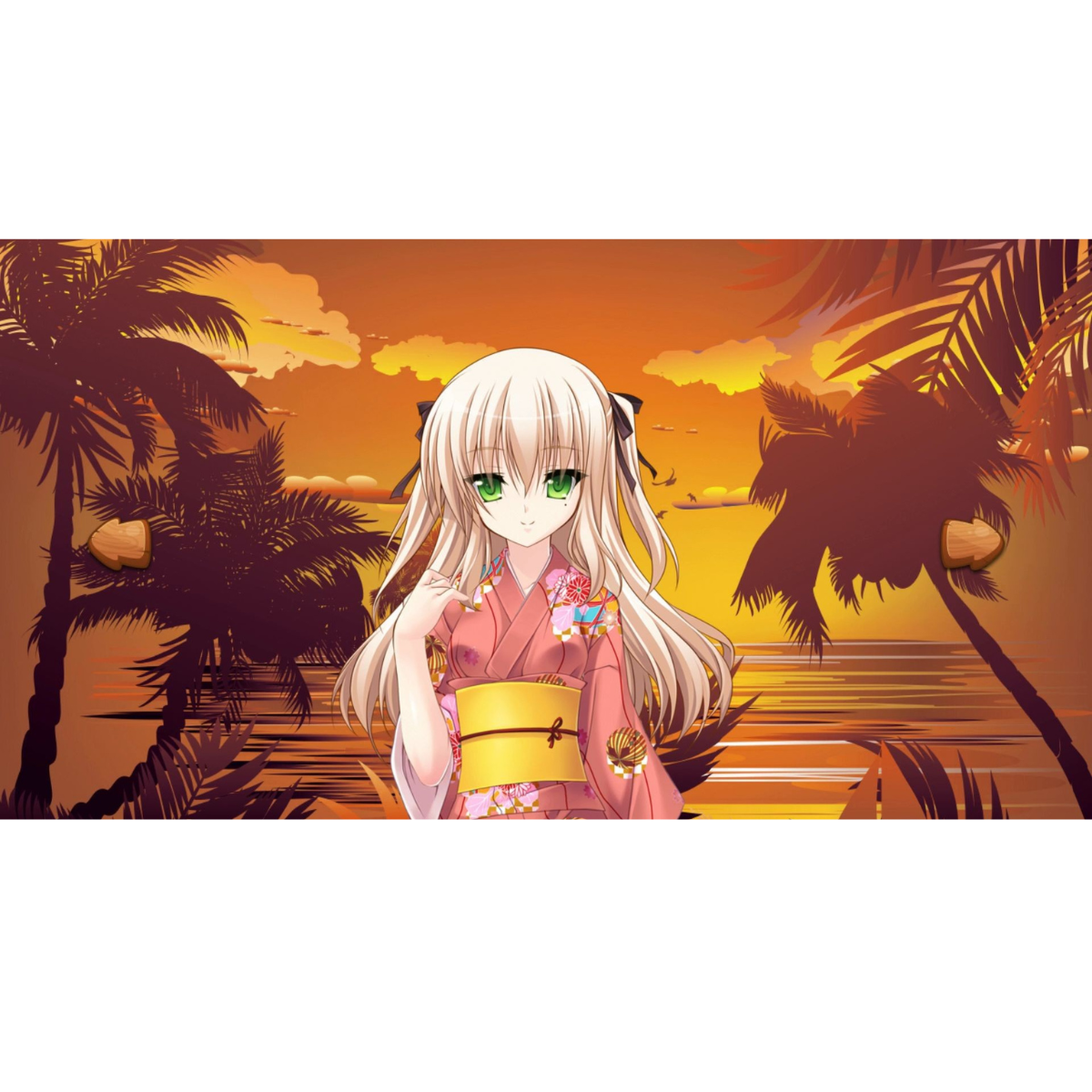 Chica anime con kimono rosa en playa al atardecer; palmeras y océano al fondo.