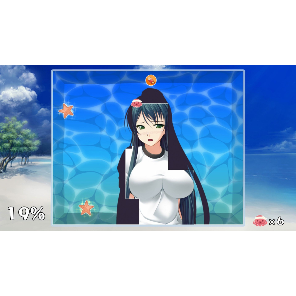 Chica anime en un rompecabezas. Muestra el 19%. Playa y cielo al fondo. Estrellas de mar y un cangrejo visibles.