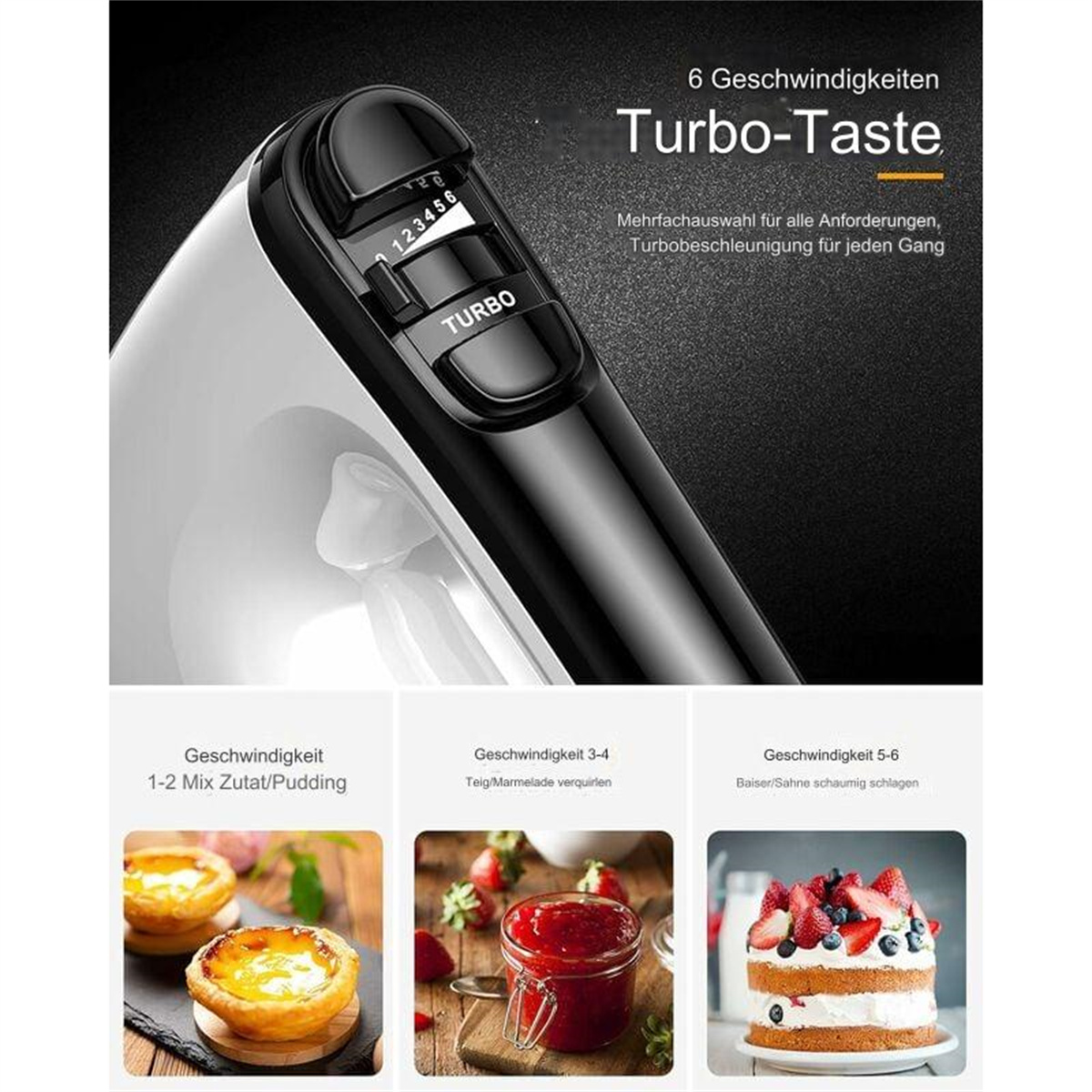 Ein weißer und schwarzer Handmixer mit Geschwindigkeitsregler und drei Lebensmittelbildern.