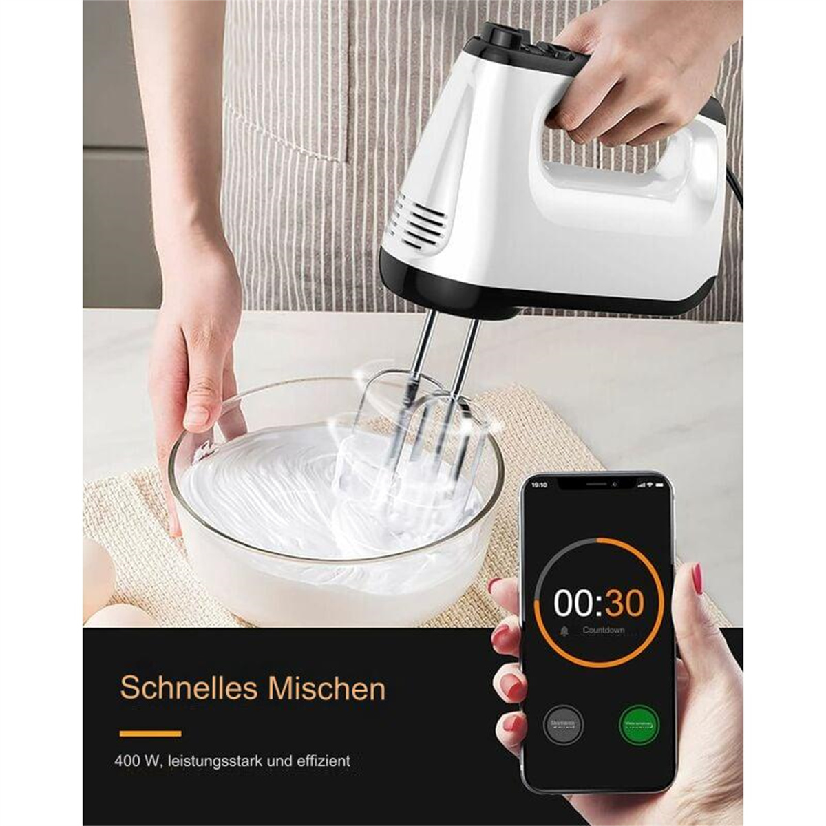 Eine Person benutzt einen weißen Handmixer mit einem Telefon, das einen 30-Sekunden-Countdown anzeigt.