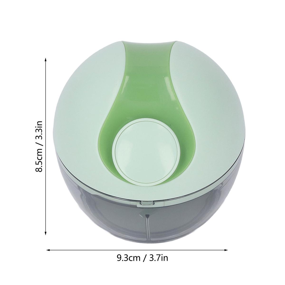Draufsicht auf grünen Küchenroboter, Abmessungen werden angezeigt, er ist oval.