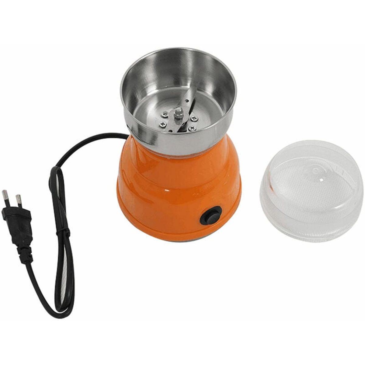 Orangefarbene Kaffeemühle mit durchsichtigem Deckel, schwarzem Kabel und schwarzem Stecker, mit weißem Hintergrund.