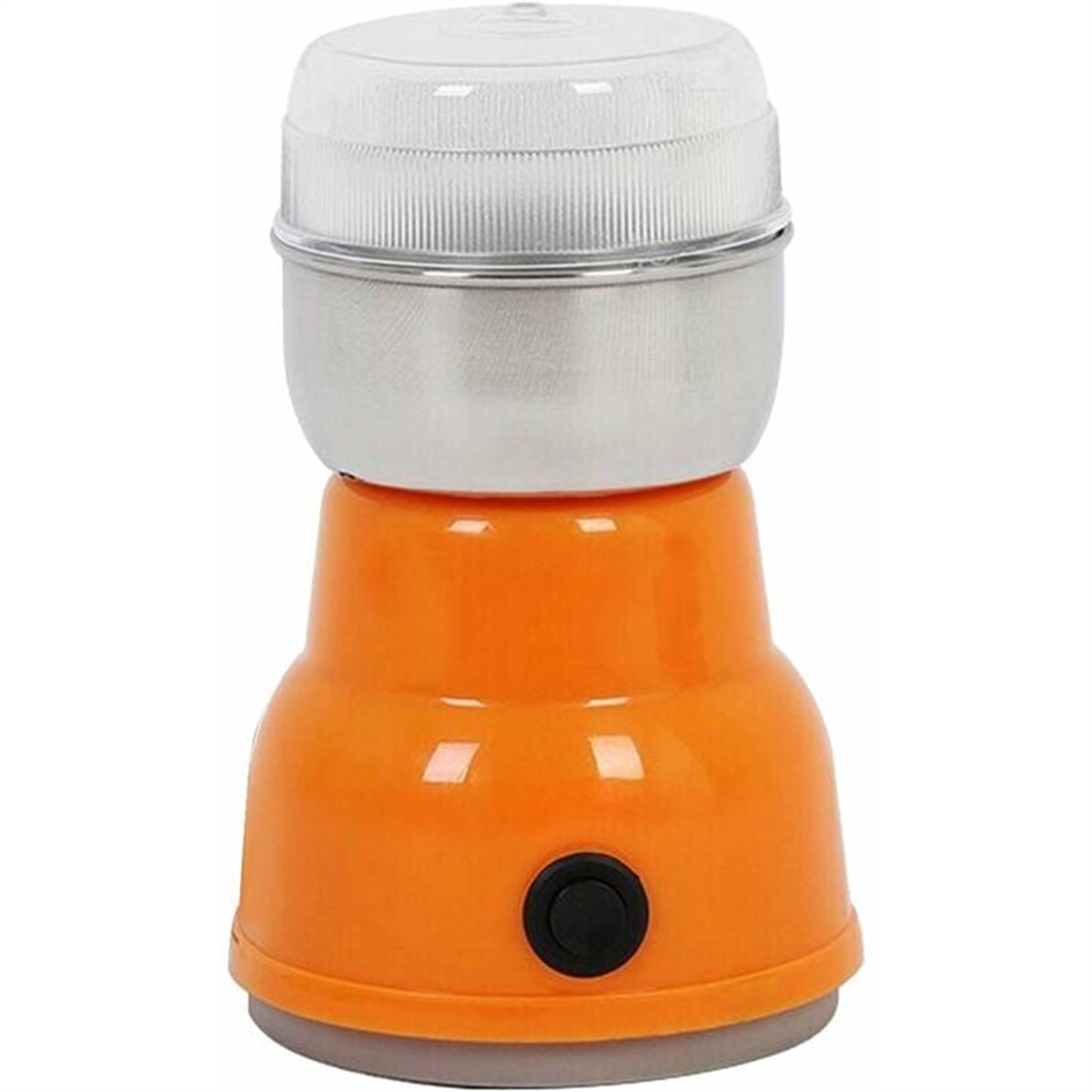 Eine orangefarbene elektrische Kaffeemühle mit silberner Oberseite und schwarzem Einschaltknopf.