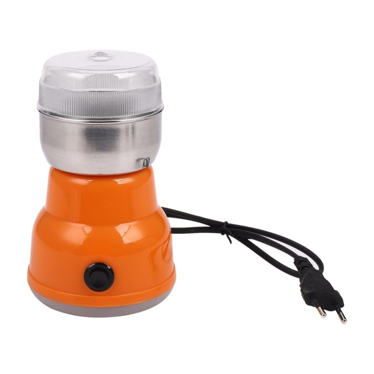 Eine orangefarbene und silberne Kaffeemühle mit Netzkabel. Ein schwarzer Knopf ist sichtbar.