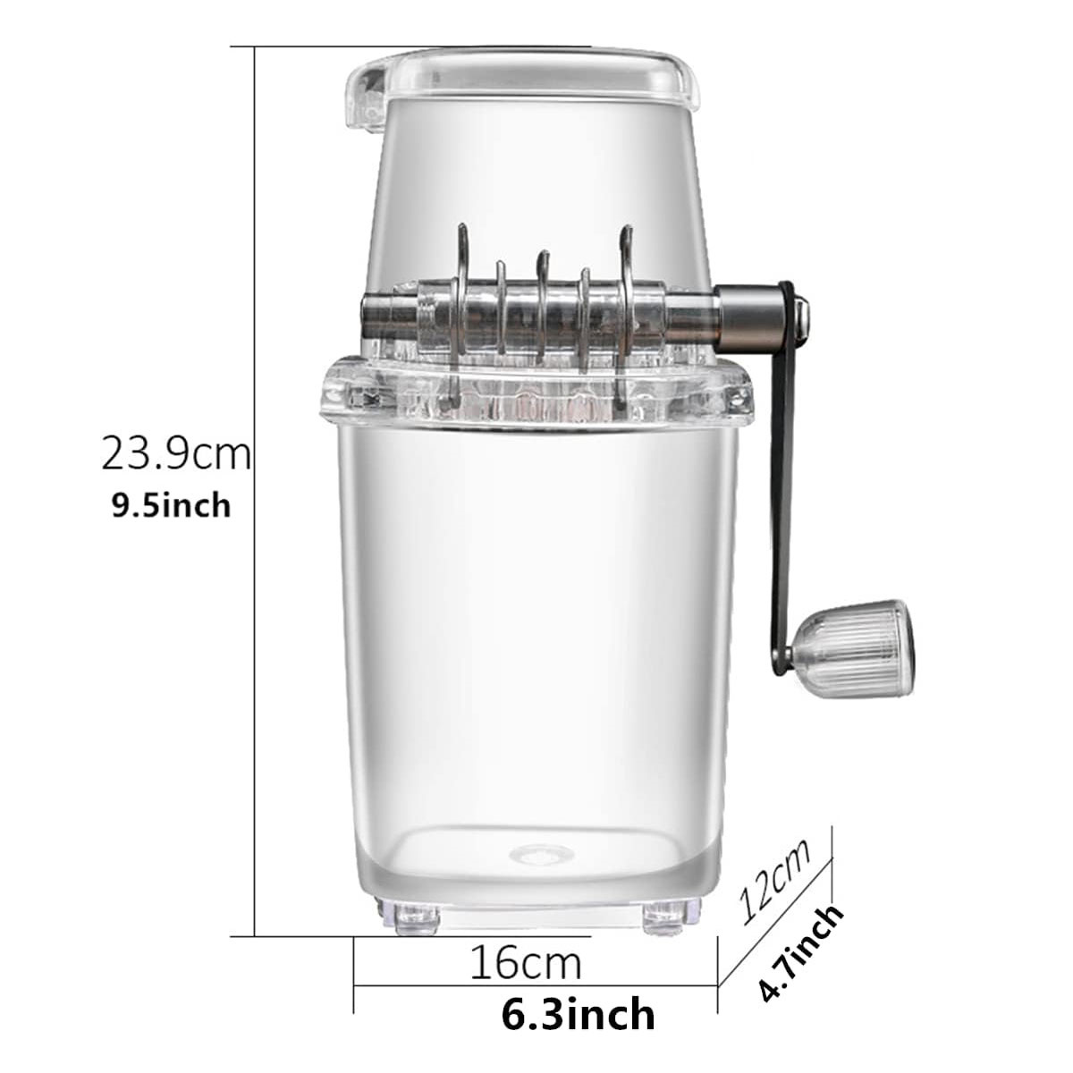 Ein klarer Eisschaber mit Abmessungen. Er ist transparent mit einer manuellen Kurbel und Maßen in cm und Zoll.
