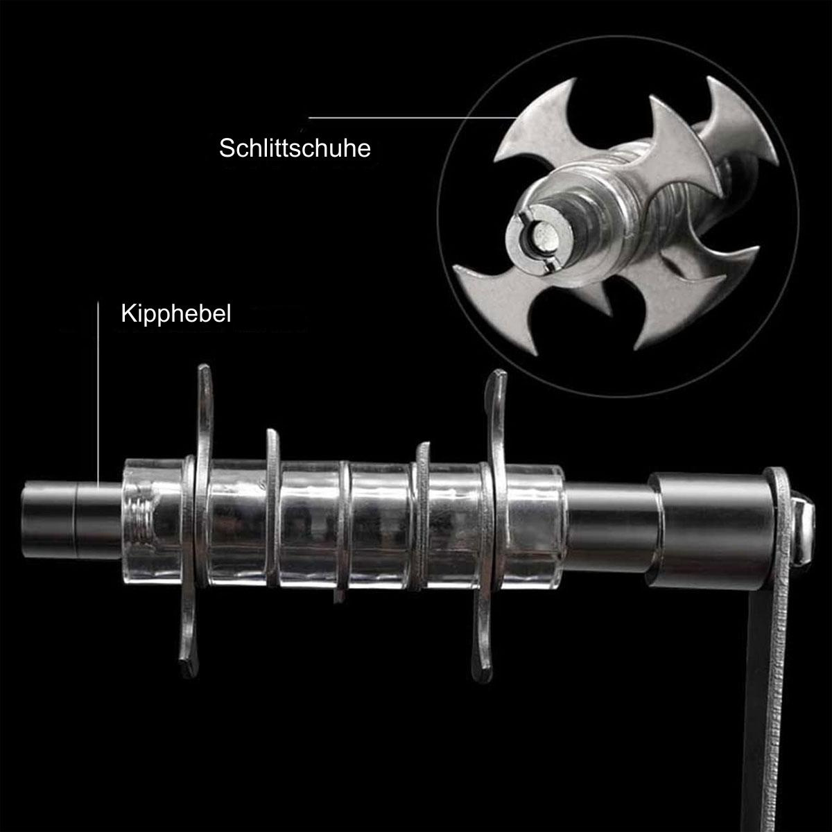 Mechanische Geräteteile. Das Bild zeigt ein Zahnrad, einen Hebel und die Texte 'Schlittschuhe' und 'Kipphebel'.